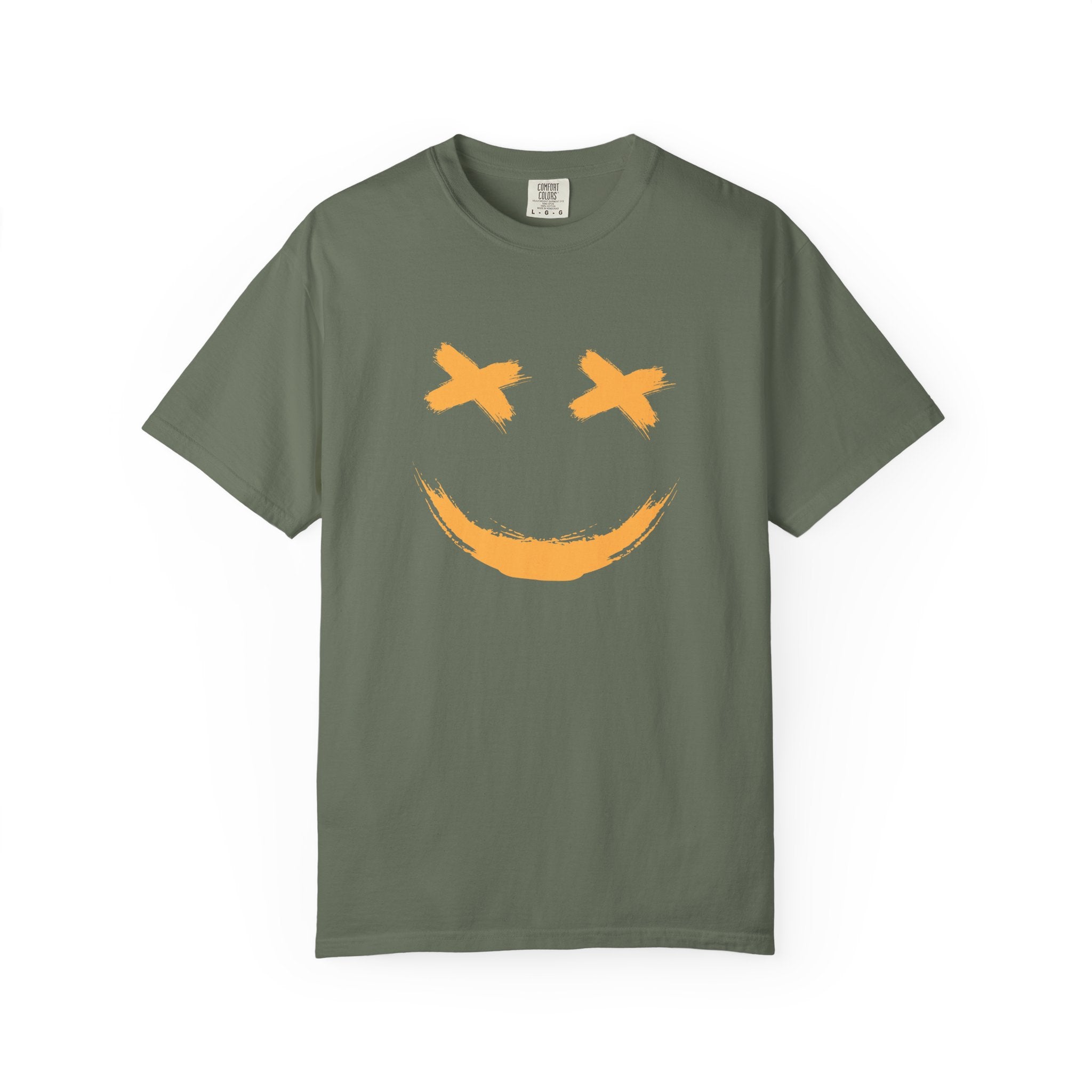 Green t-shirt with a smiley logo on the chest against a white background