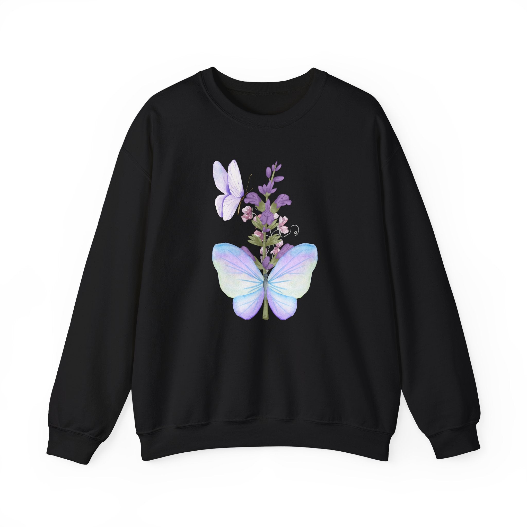 Black sweatshirt with butterfly and floral design on a white background