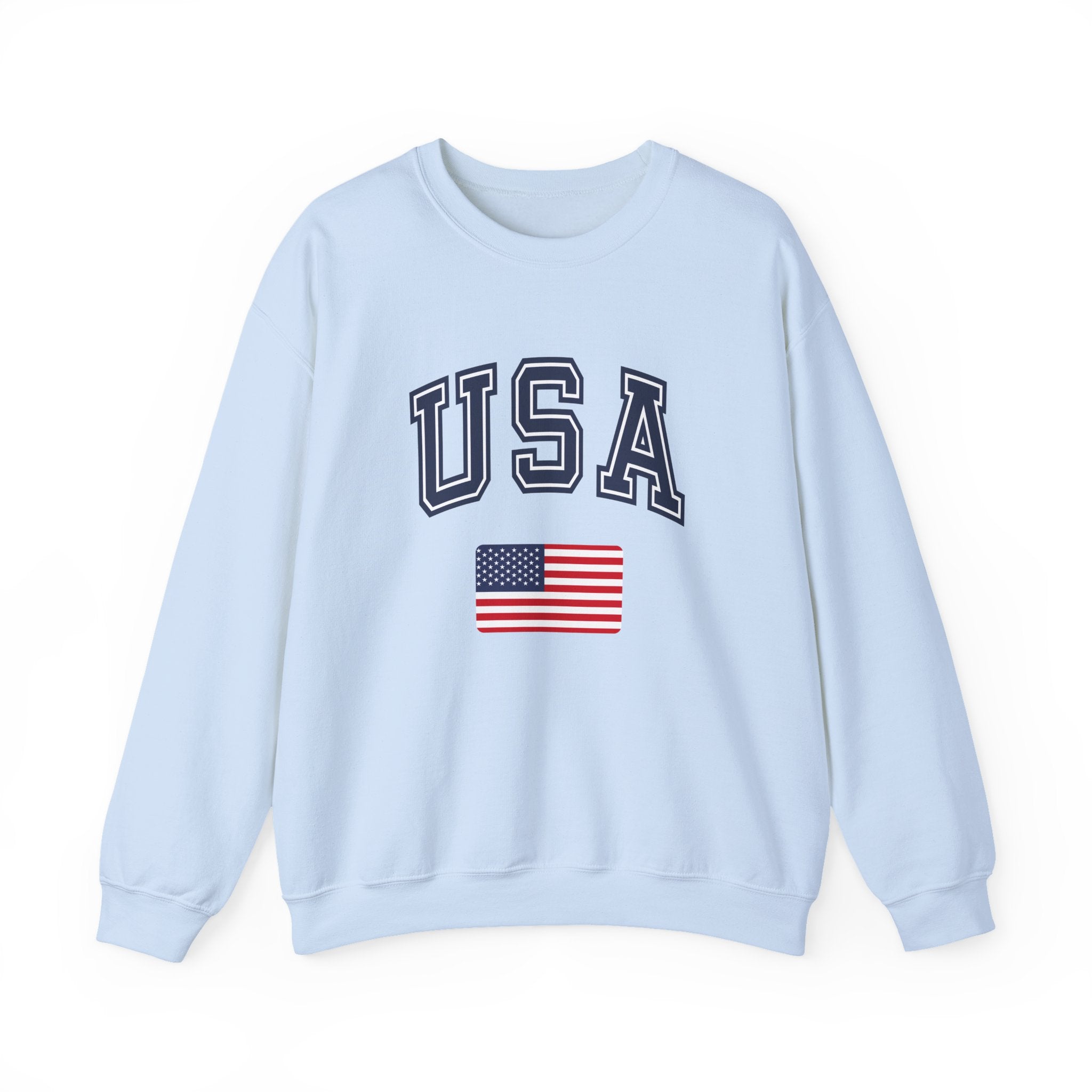Light blue sweatshirt with 'USA' and American flag on a white background