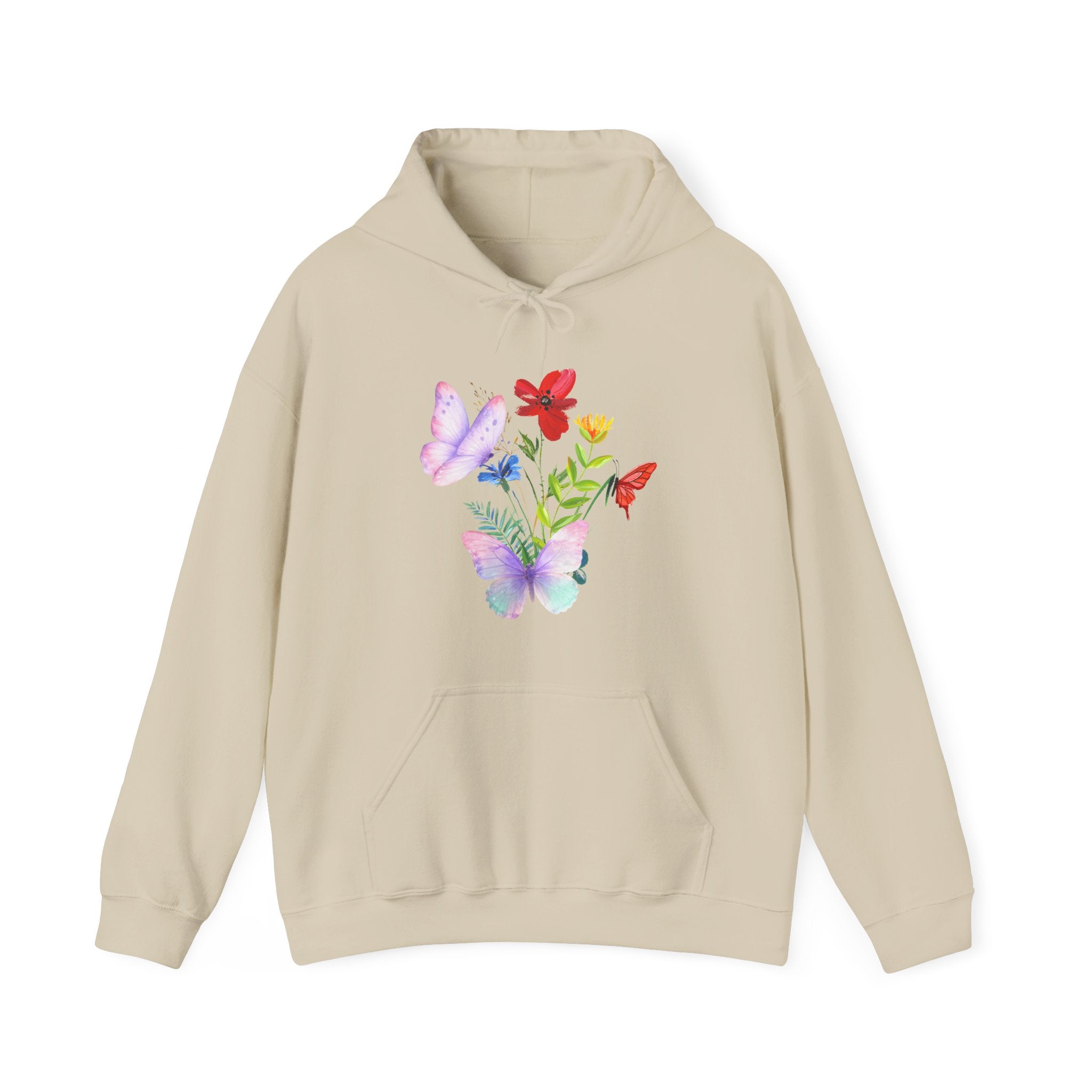 Beige hoodie with colorful butterfly and flower design on a white background