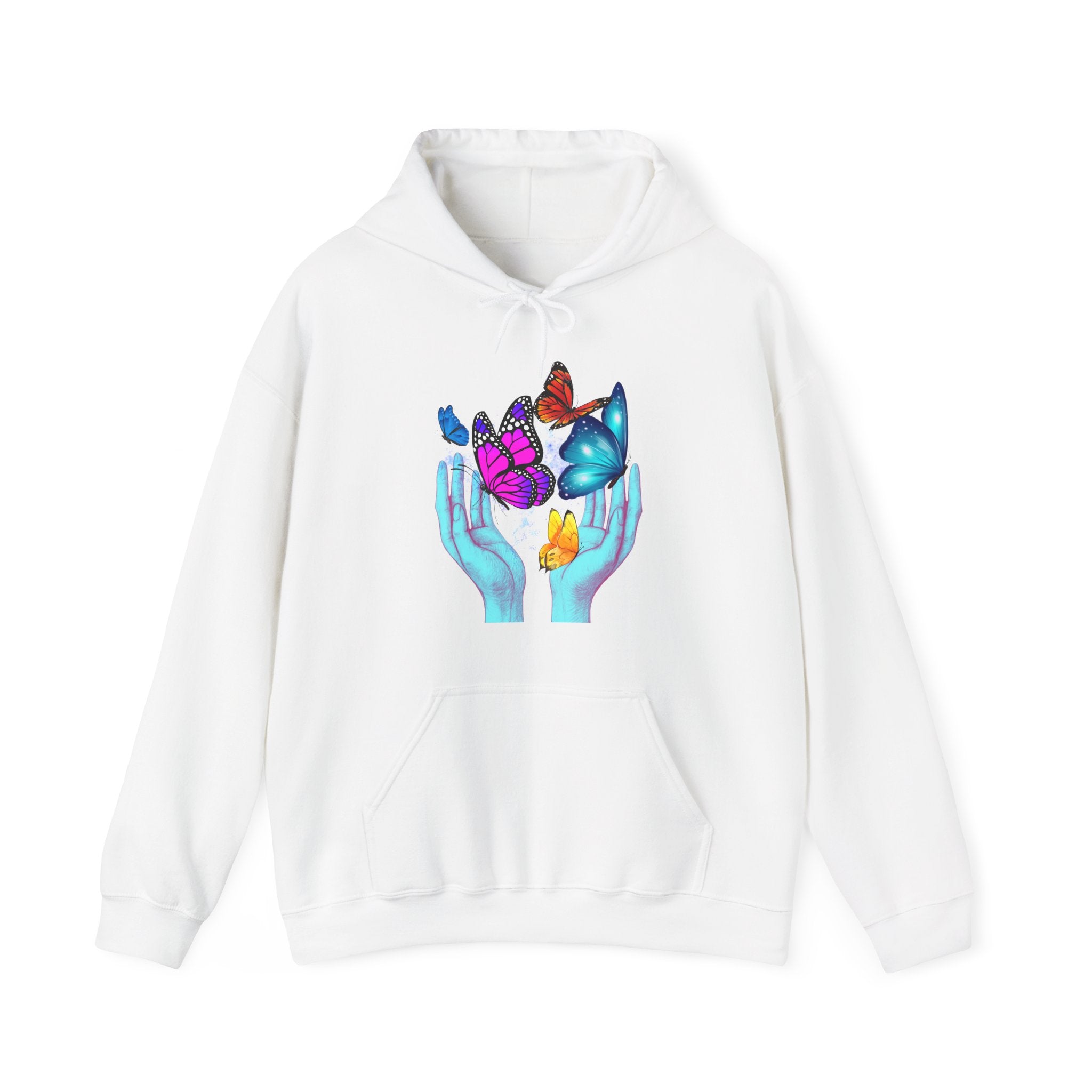 White hoodie with a butterfly and hand design on a white background