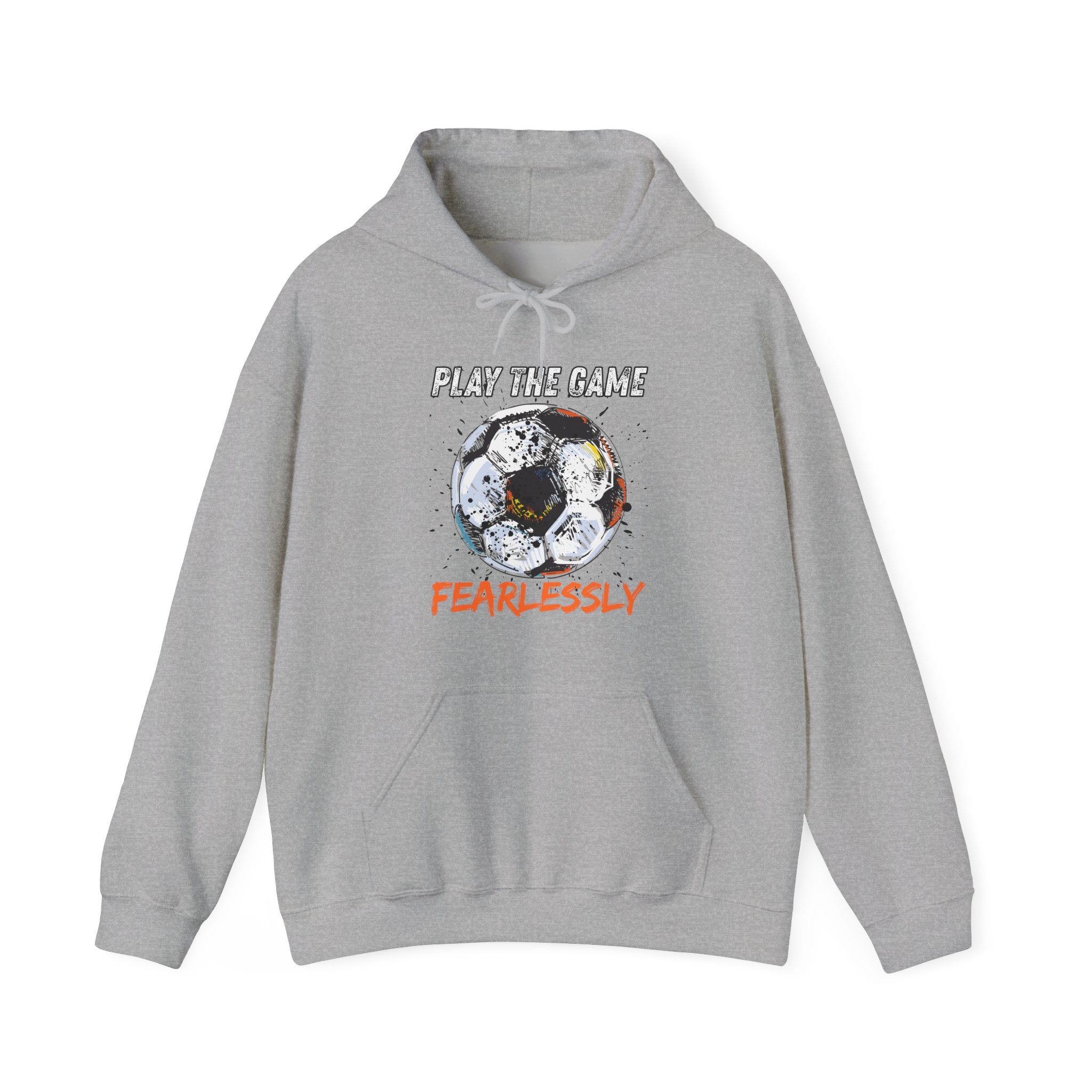 Grey hoodie with dirty soccer ball graphic and play the game fearlessly text on a white background