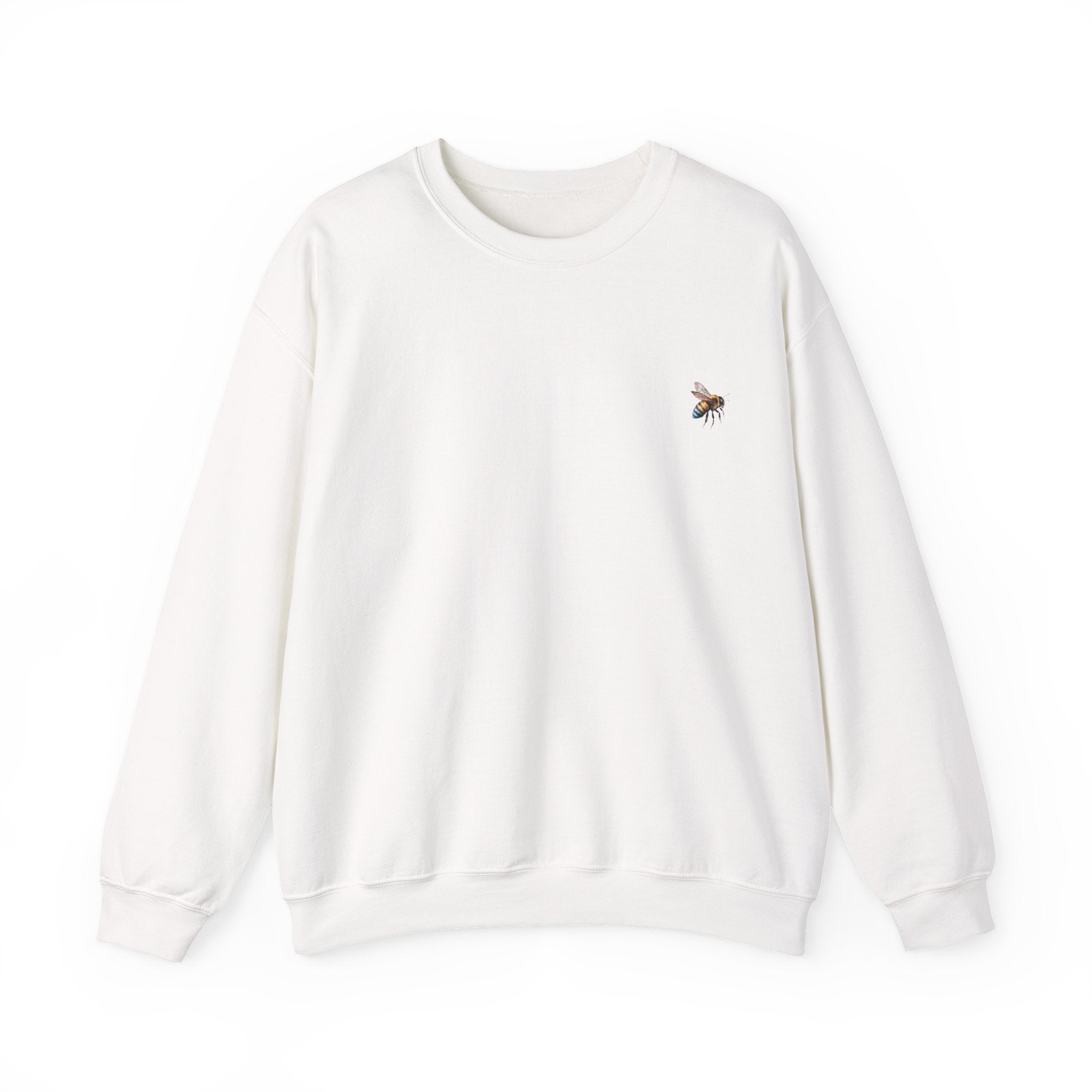 White sweatshirt with a small bee logo on a white background