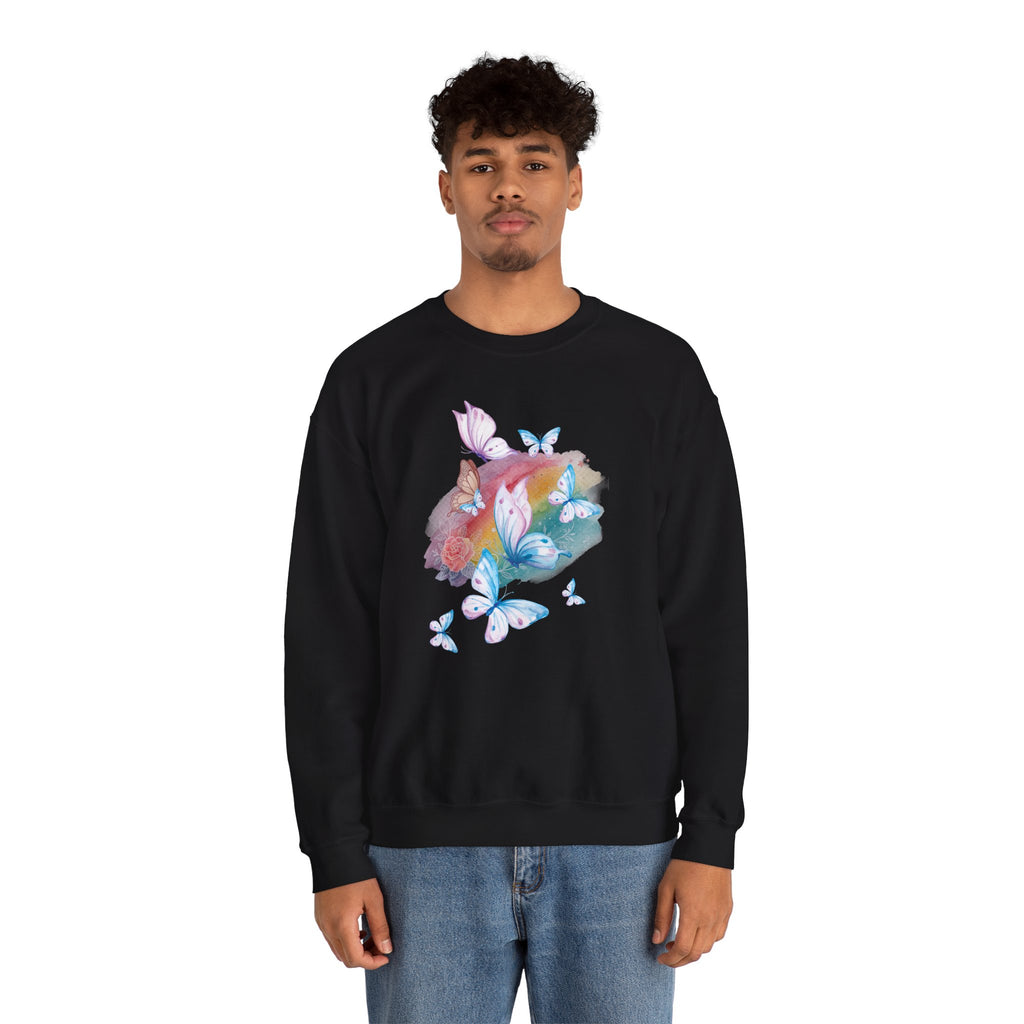 Person wearing a black sweatshirt with colorful butterfly design on a white background