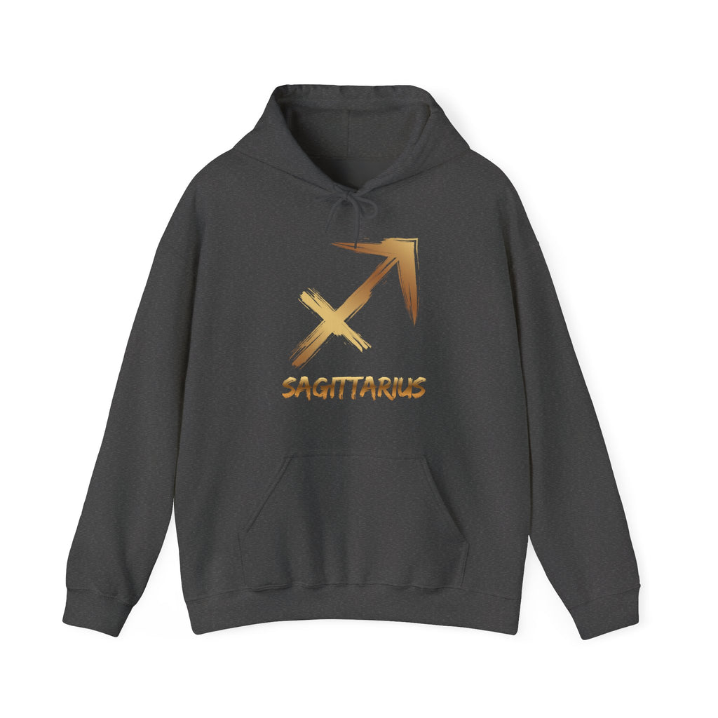Dark gray hoodie with gold Sagittarius symbol on a white background