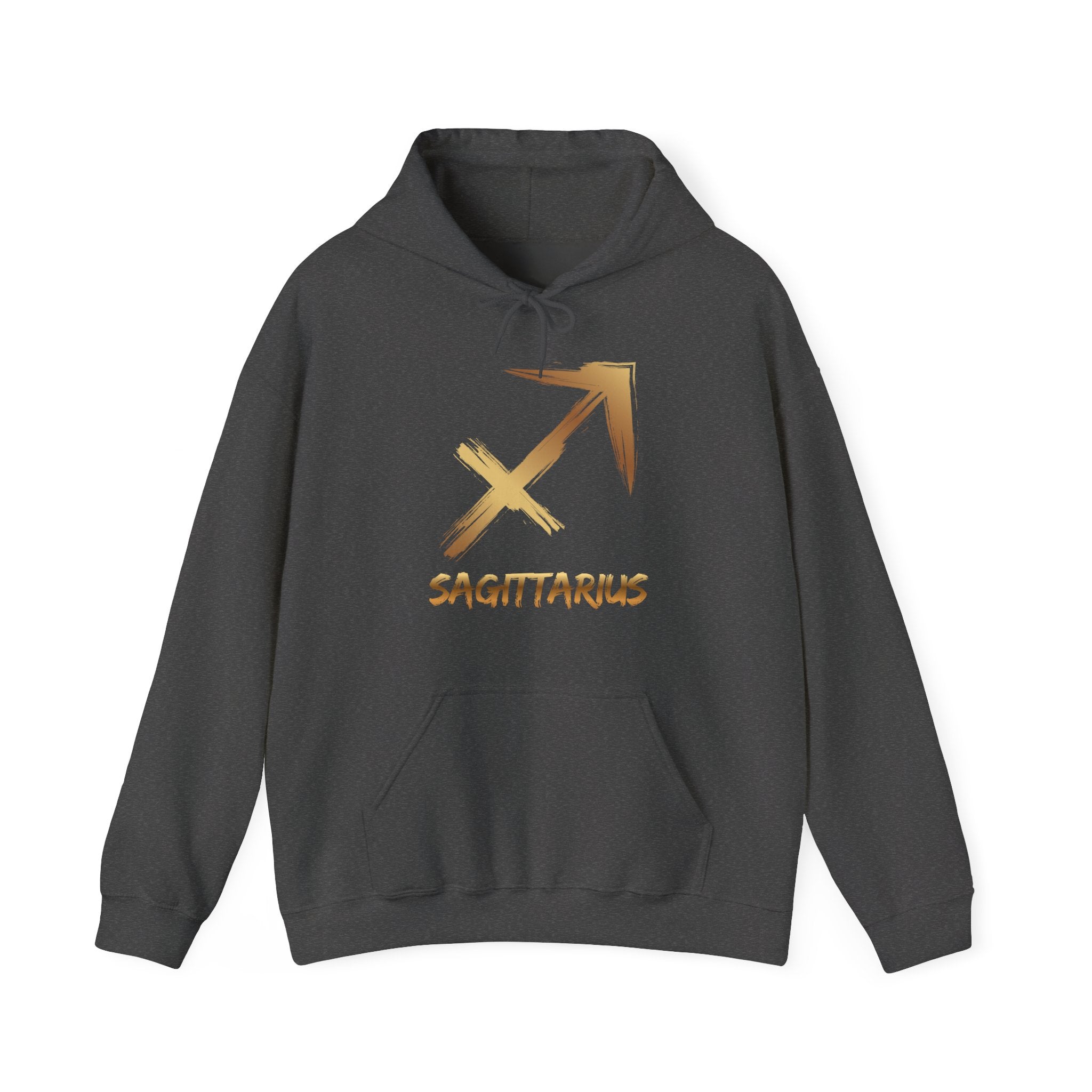 Dark gray hoodie with gold Sagittarius symbol on a white background