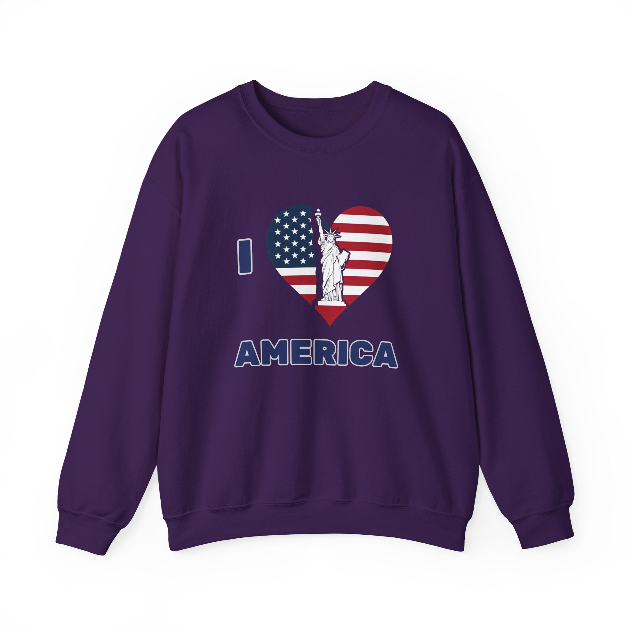Purple sweatshirt with 'I ❤️ AMERICA' design featuring the Statue of Liberty and American flag on a white background