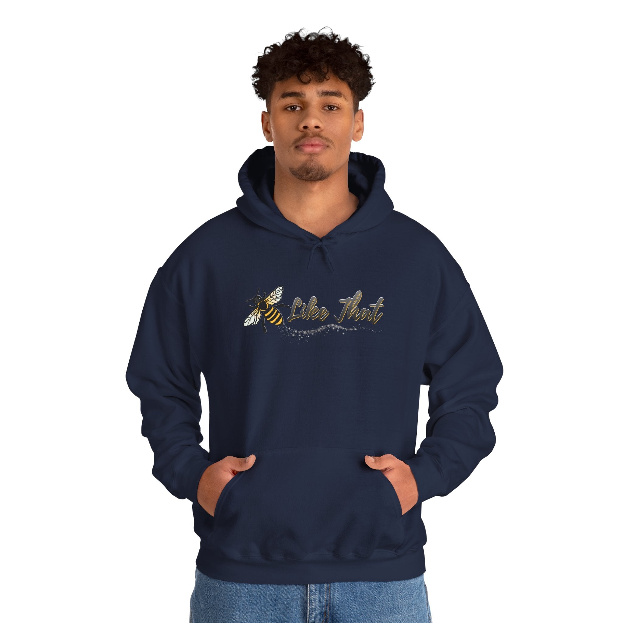 Person wearing a navy hoodie with a logo on a white background