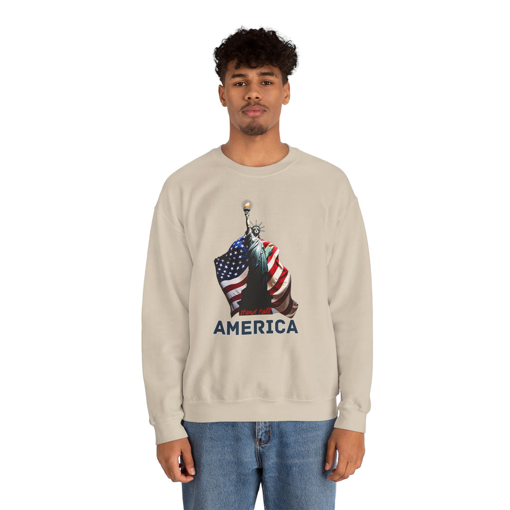 Person wearing a beige sweatshirt with a graphic design on a white background