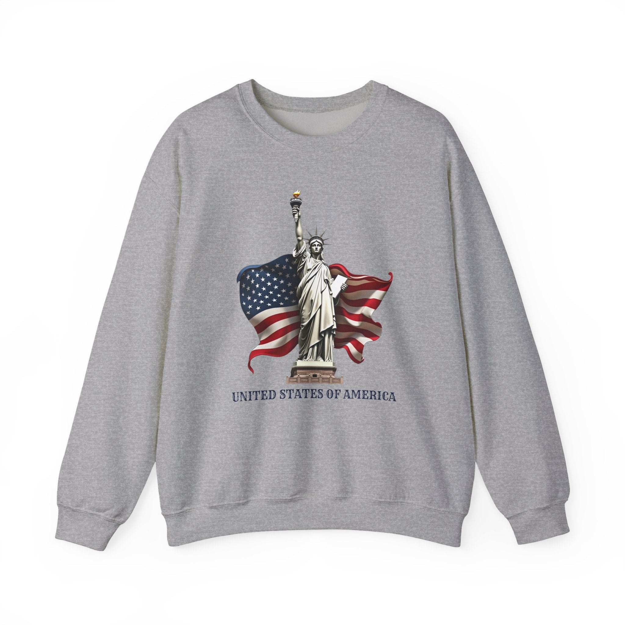 Gray sweatshirt with Statue of Liberty and American flag design on a white background