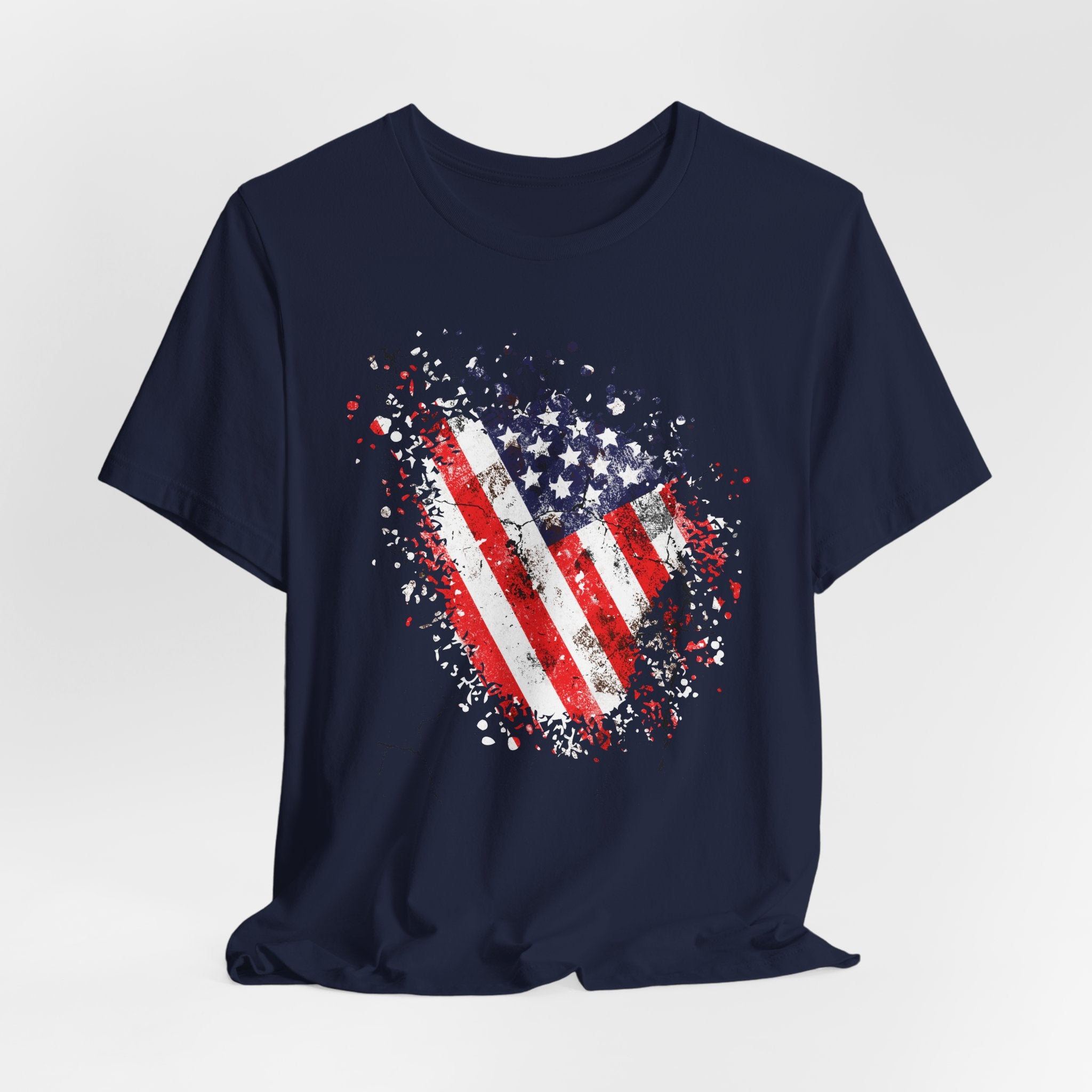 Black t-shirt with American flag design on a white background