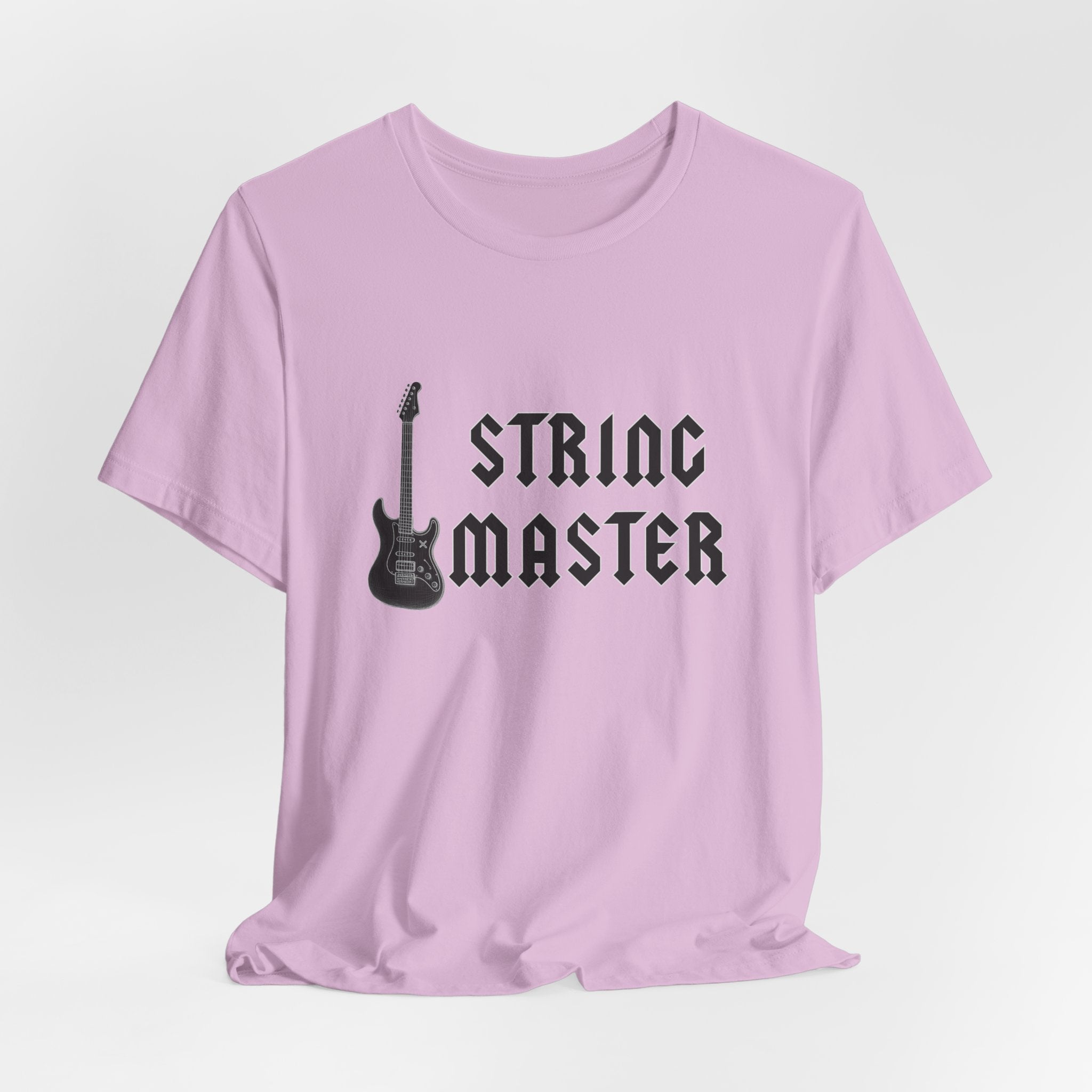 Pink t-shirt with 'String Master' and guitar graphic on a white background