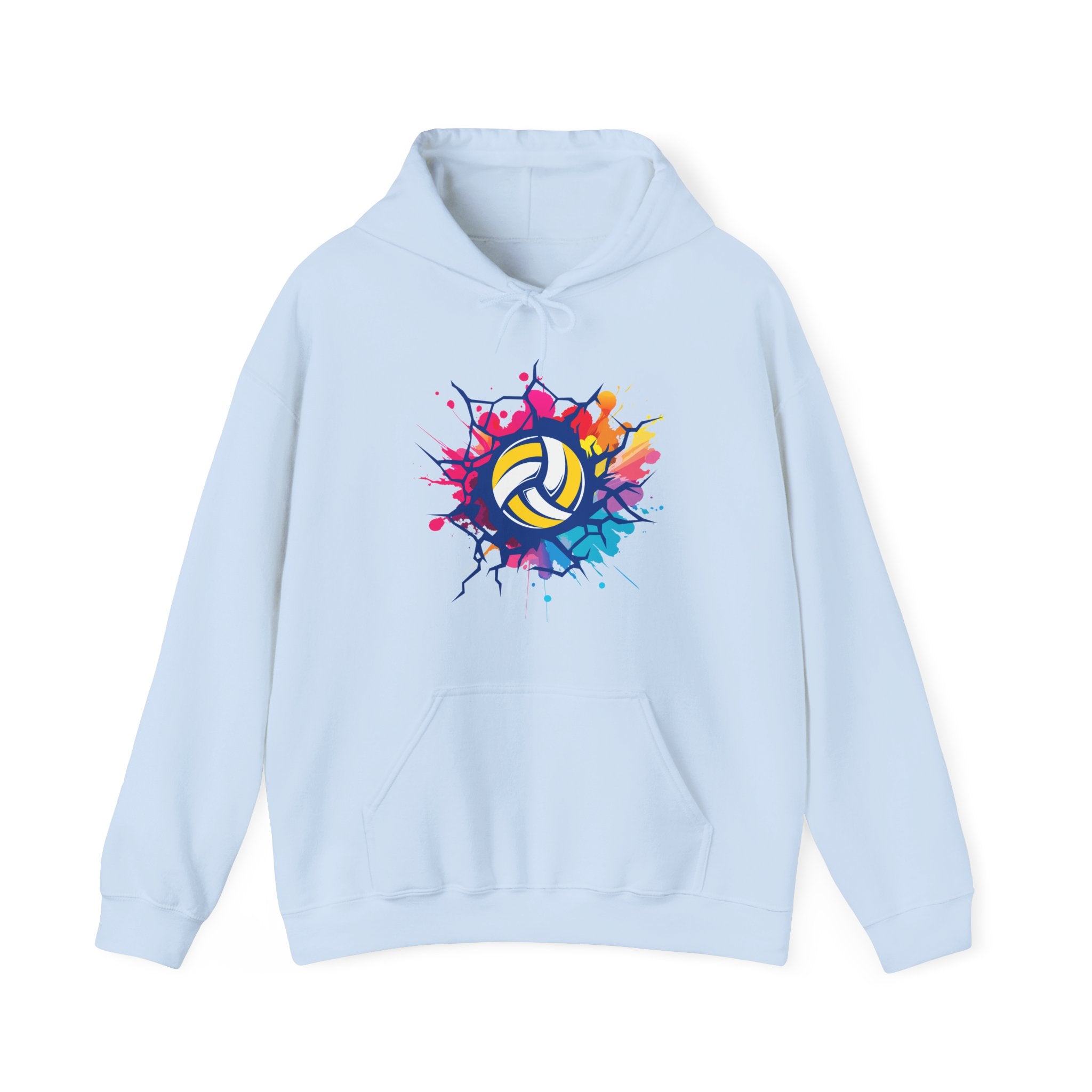 Light blue hoodie with colorful volleyball design on a white background