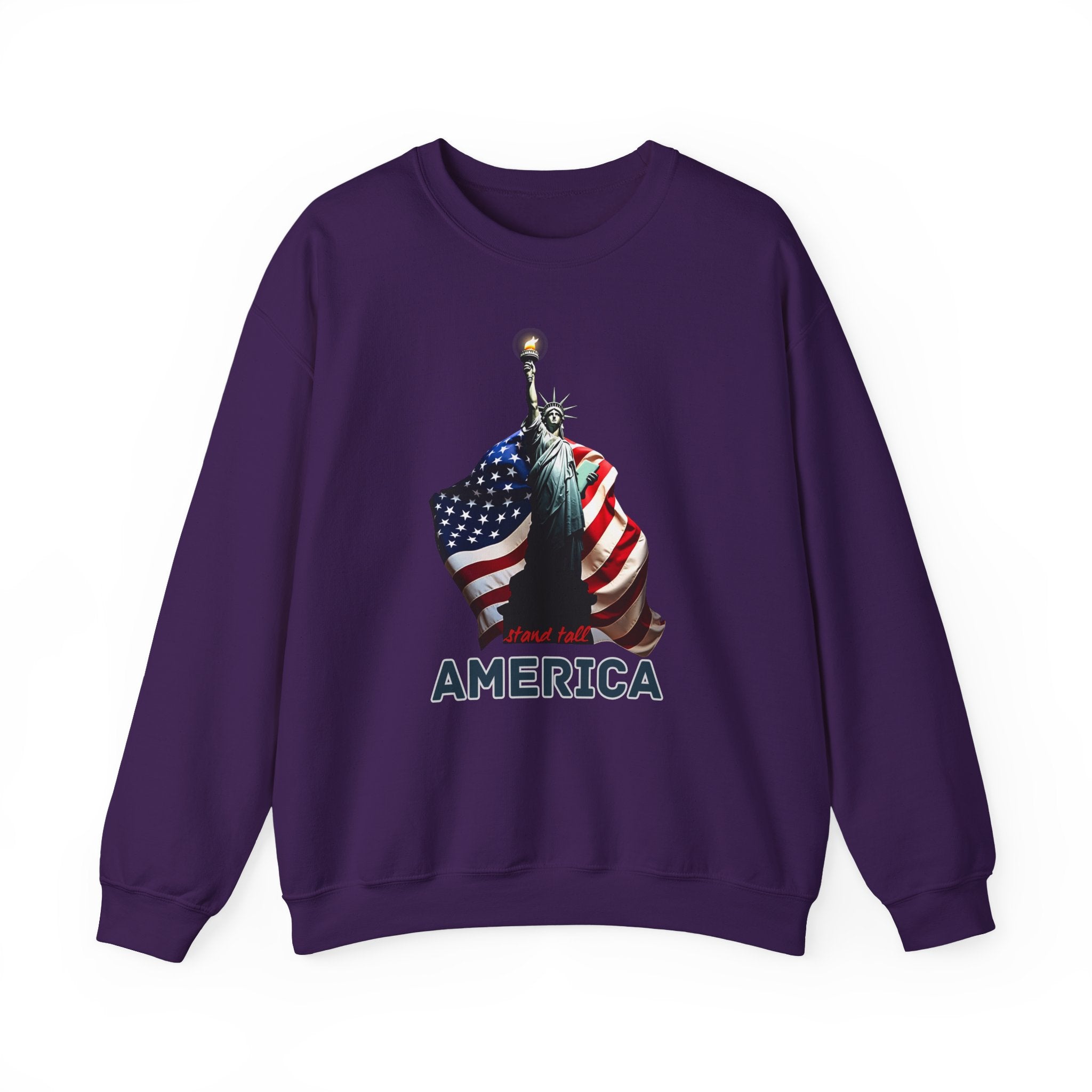 Purple sweatshirt with Statue of Liberty and American flag design on a white background