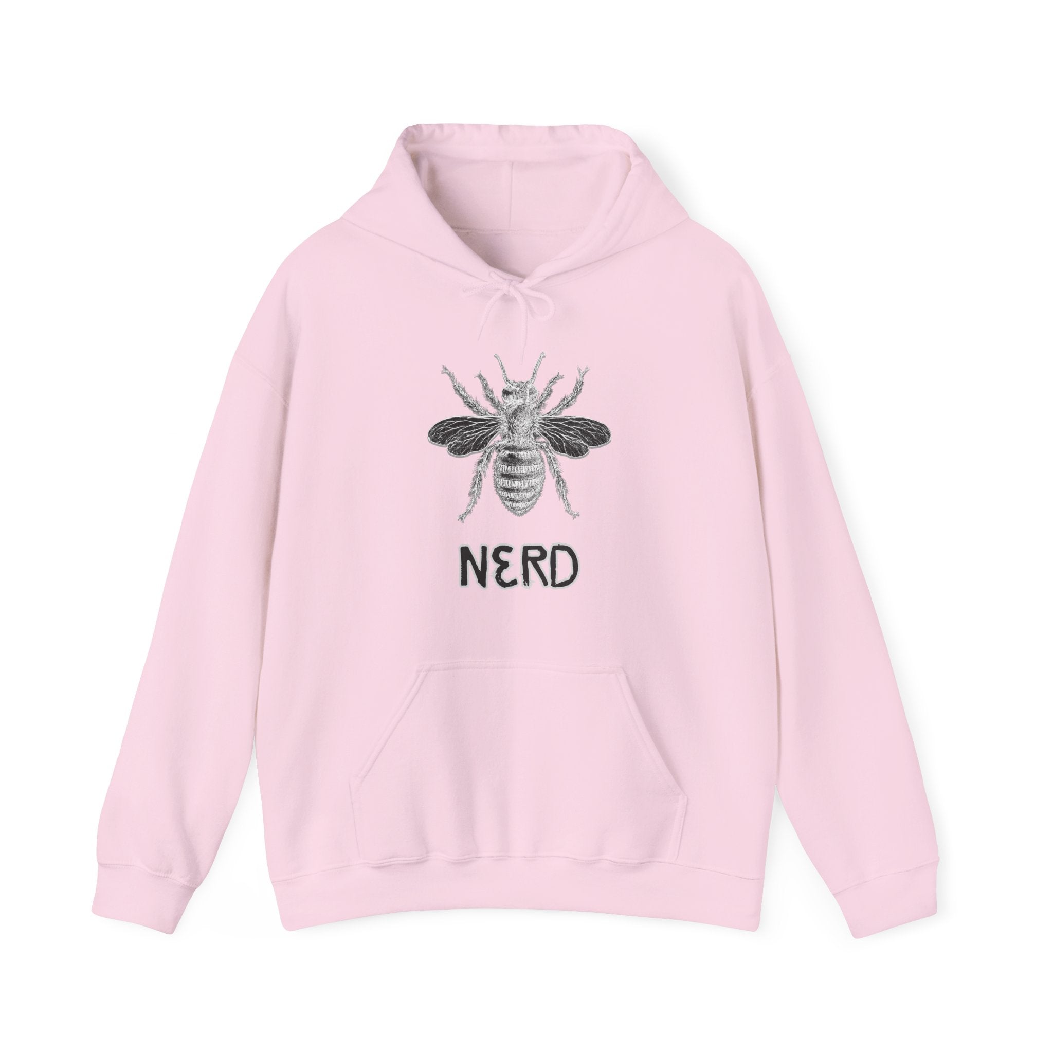 Pink hoodie with bee and  'Nerd' text on a white background