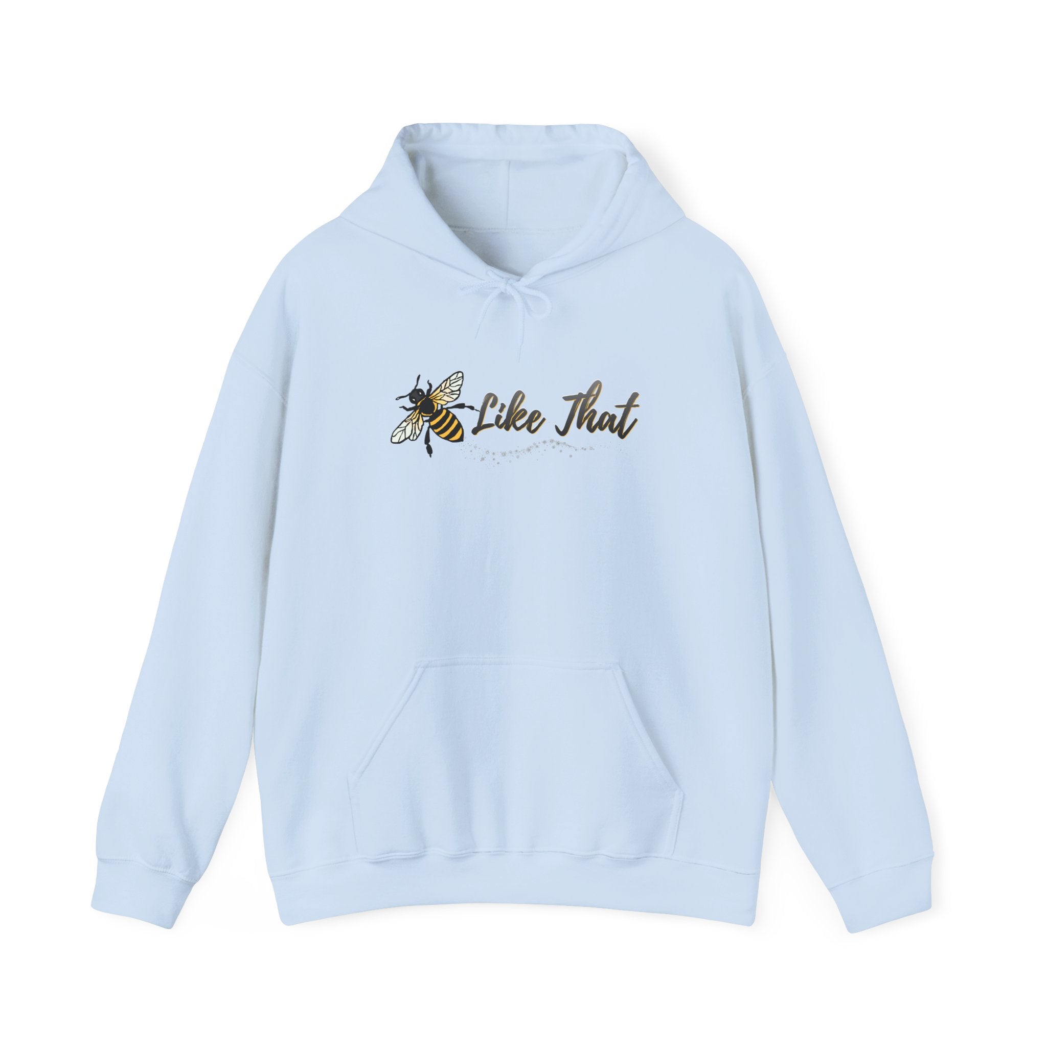 Light blue hoodie with bee graphic and text on a white background