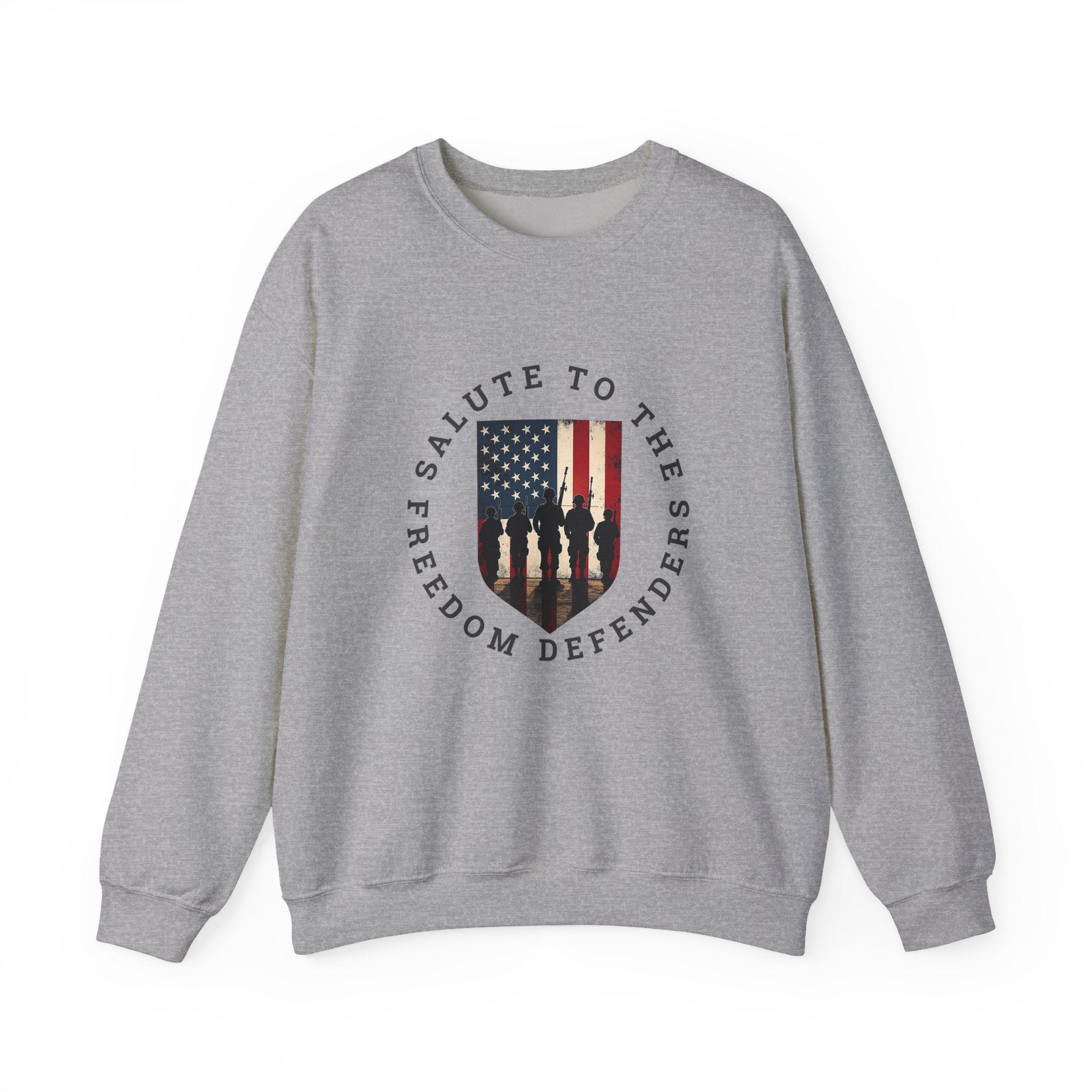 Gray sweatshirt with 'Salute to the Freedom Defenders' graphic on a white background