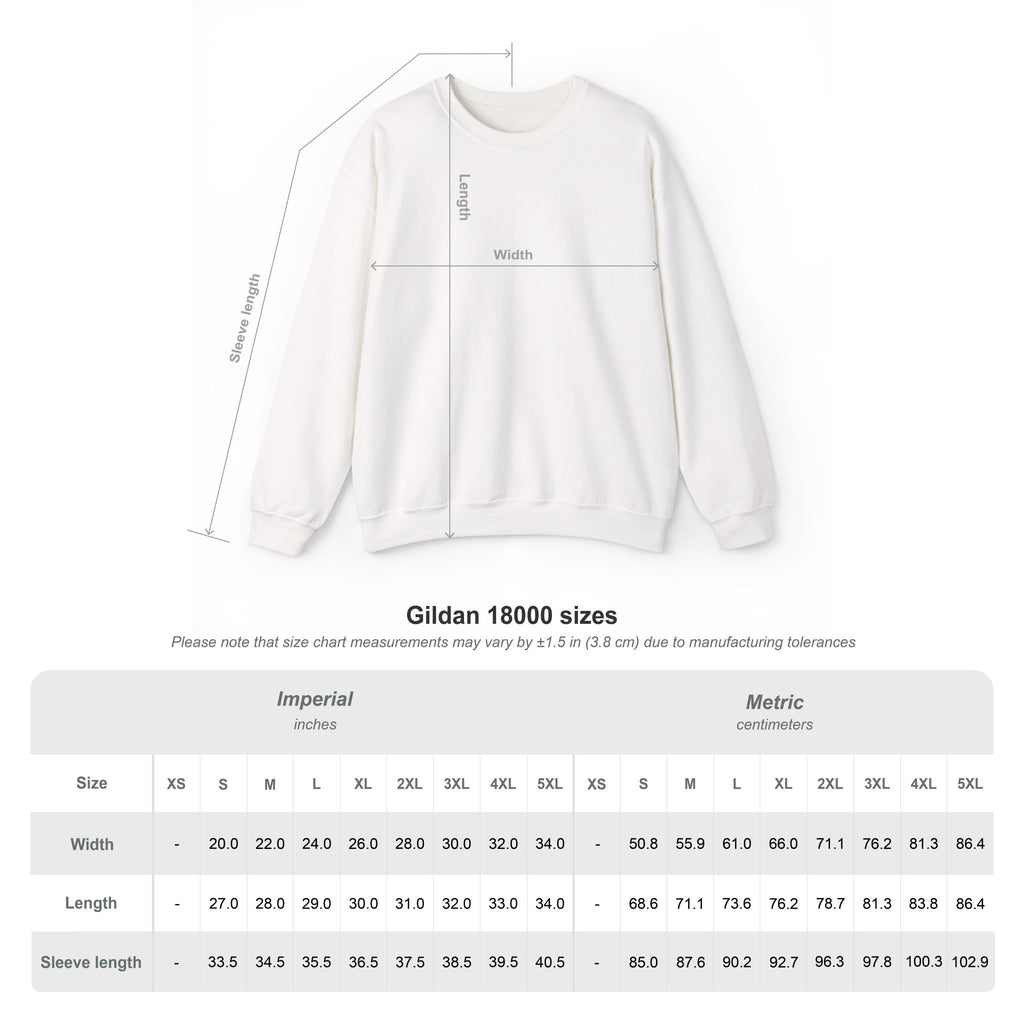 White sweatshirt with measurement chart on a white background