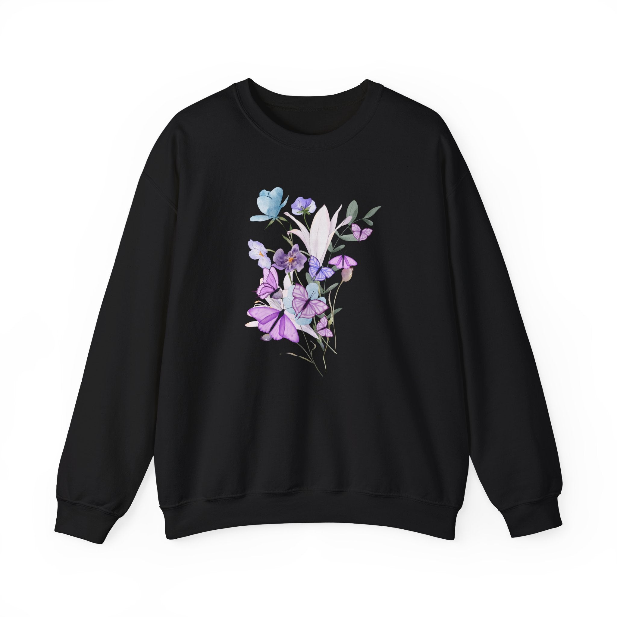 Black sweatshirt with floral design on a white background