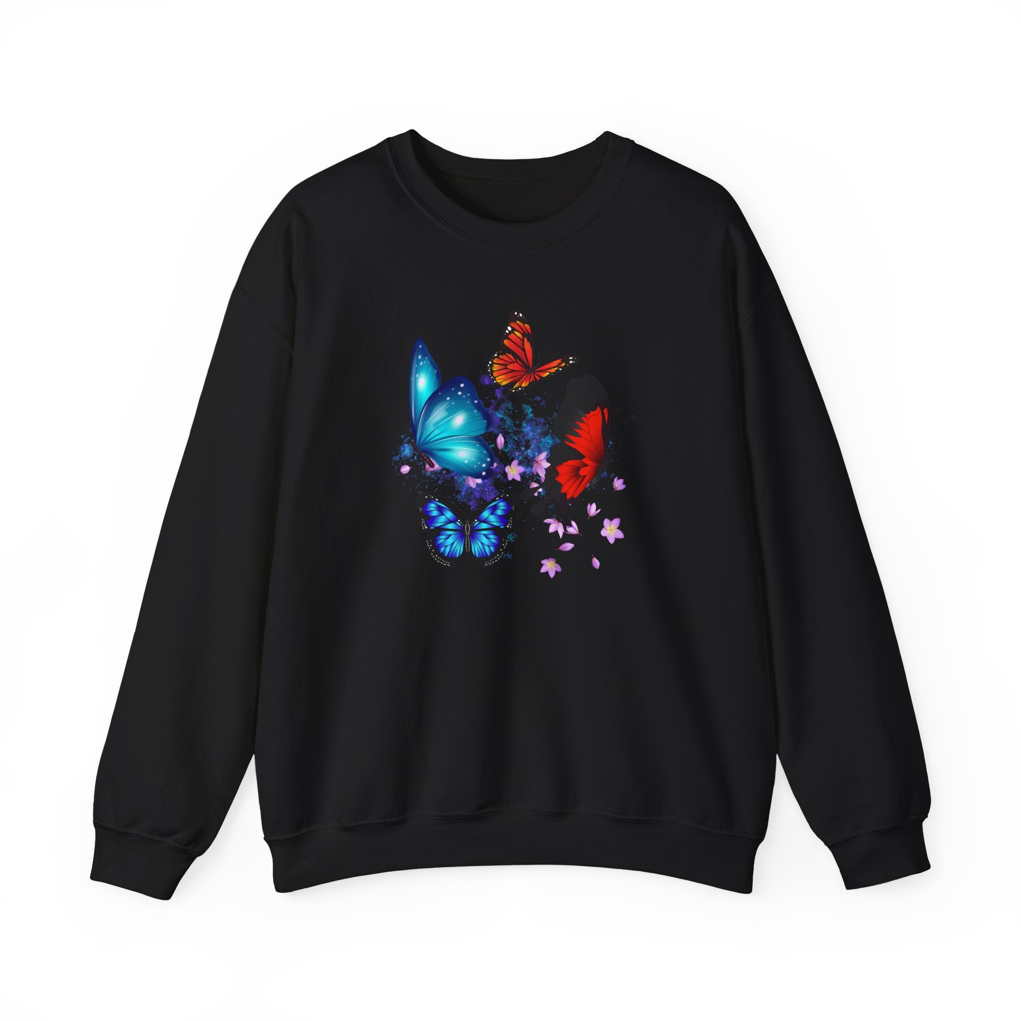 Black sweatshirt with colorful butterfly design on a white background
