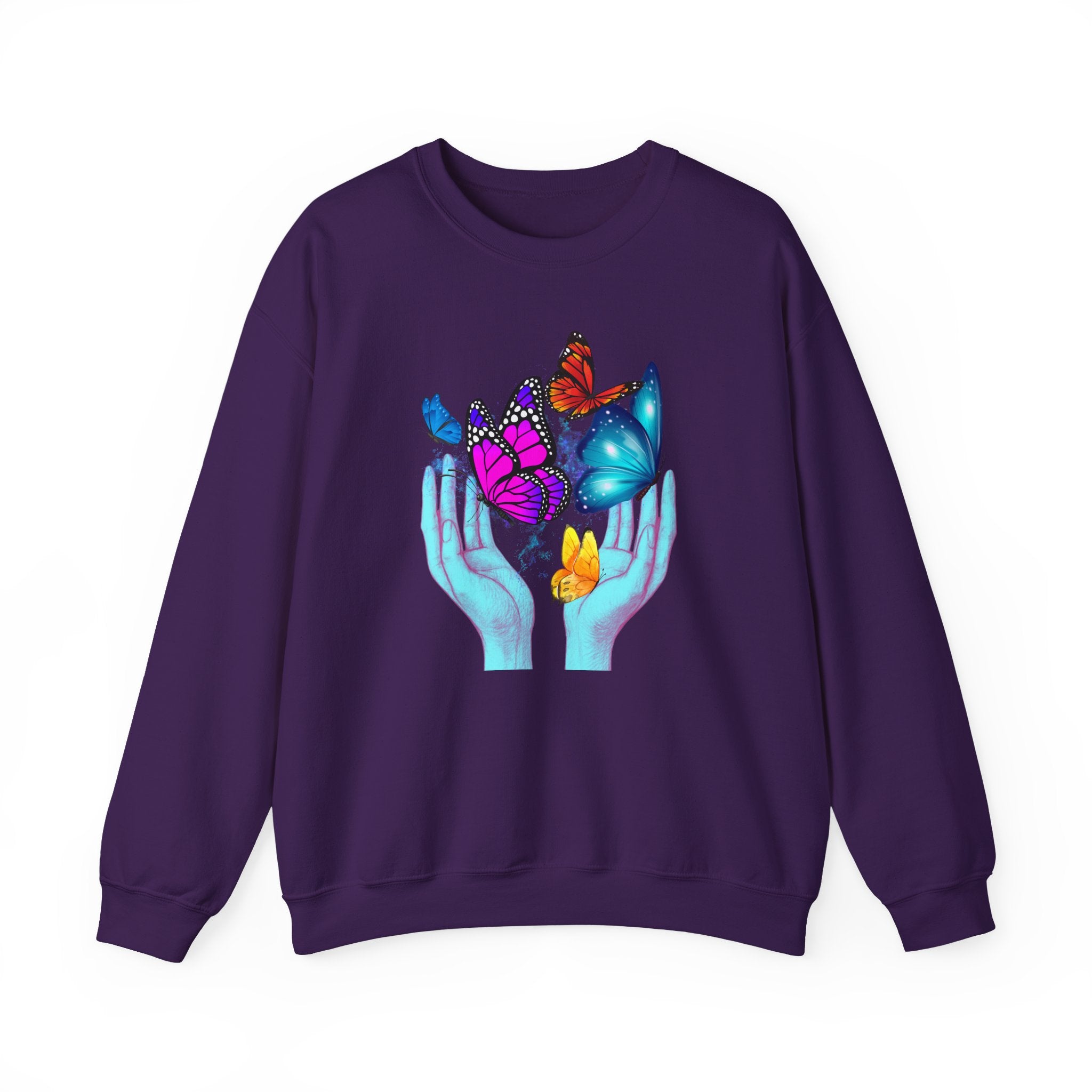 Purple sweatshirt with colorful butterfly design on a white background