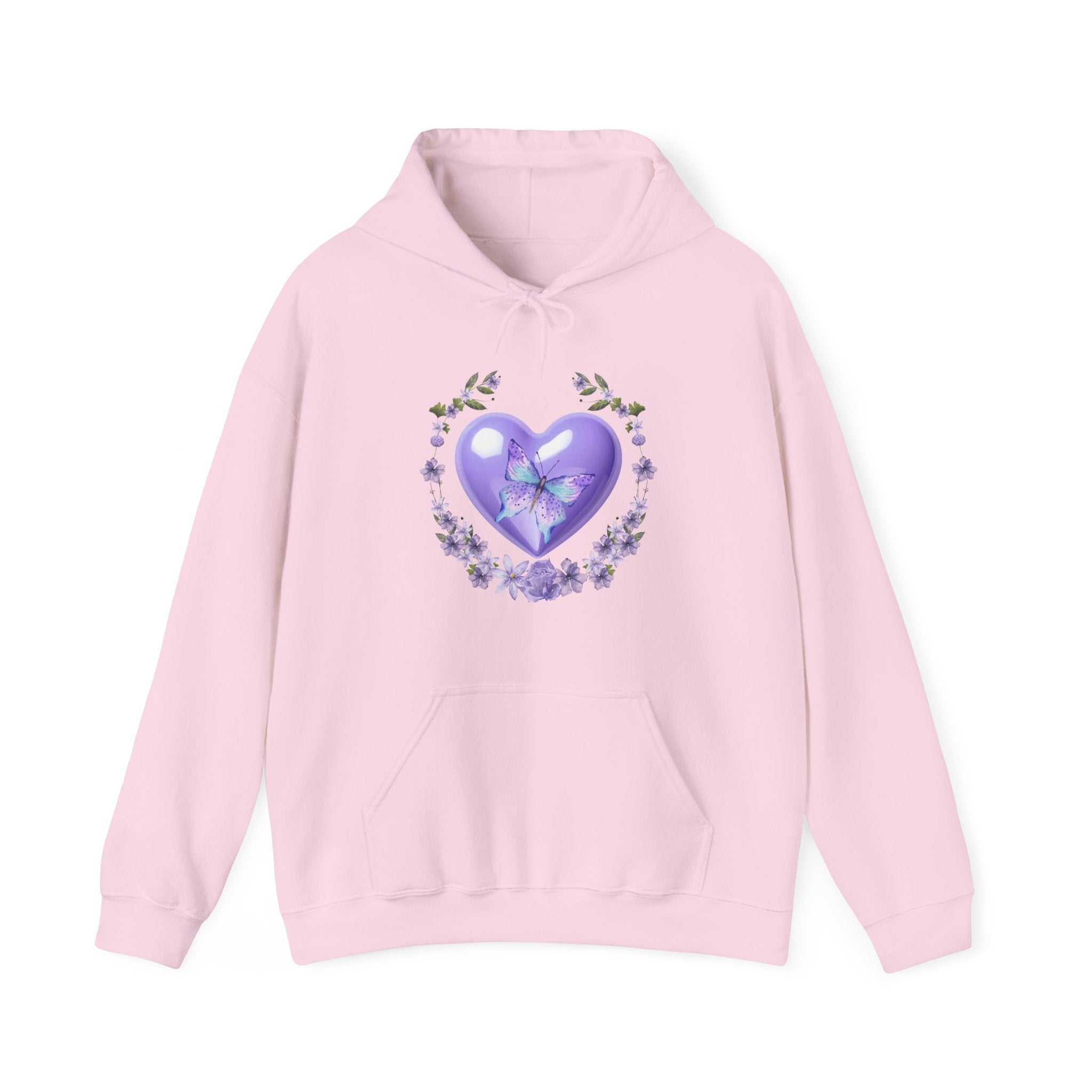 Pink hoodie with a heart design featuring a butterfly on a white background