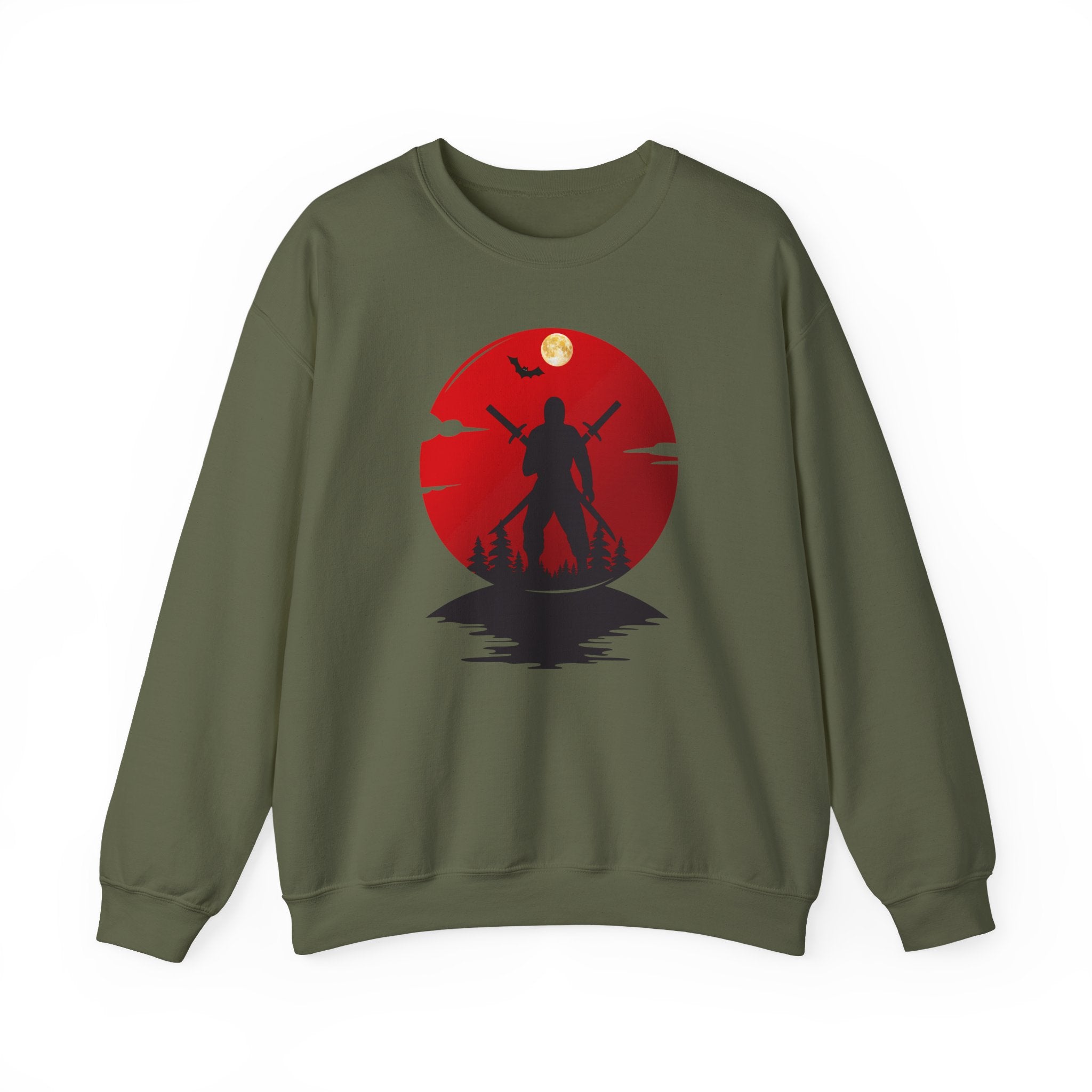 Green sweatshirt with a red and black ninja graphic design on a white background