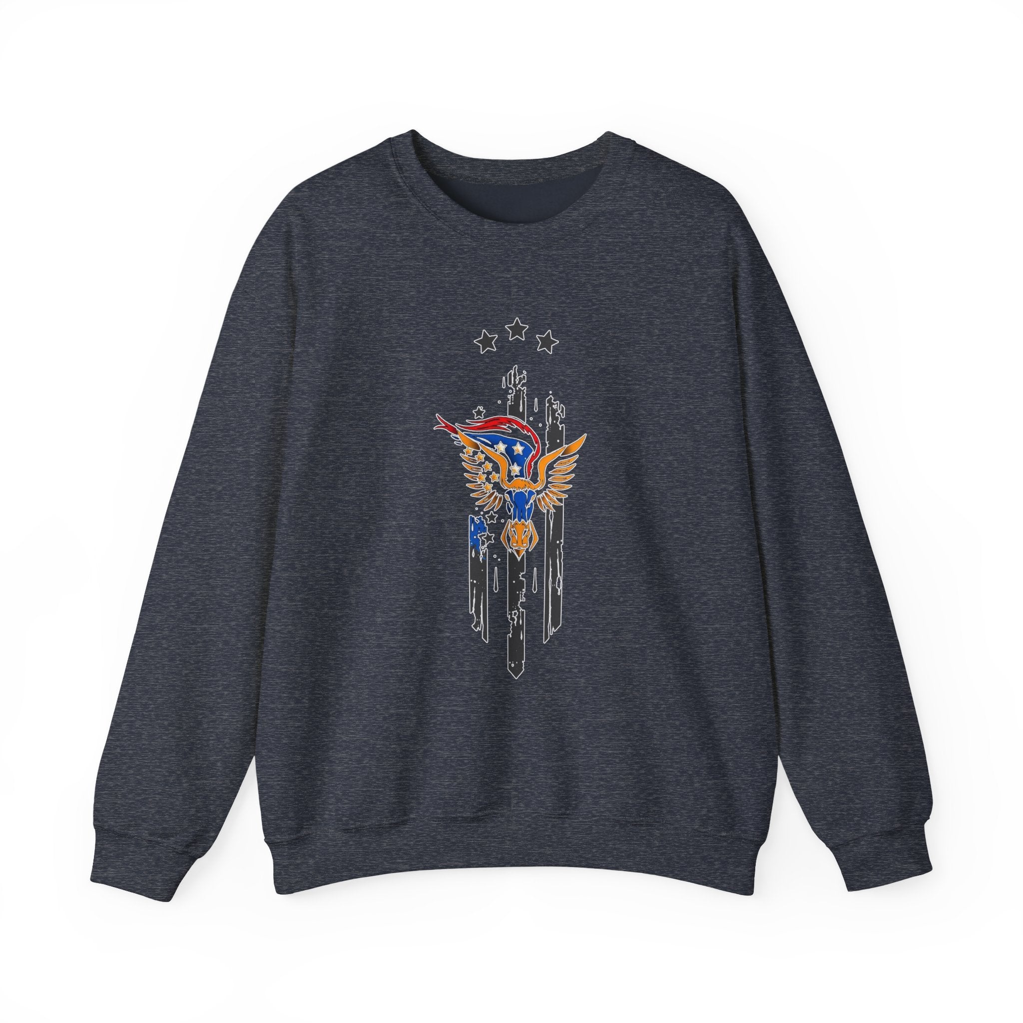 Dark gray sweatshirt with a colorful owl design on a white background