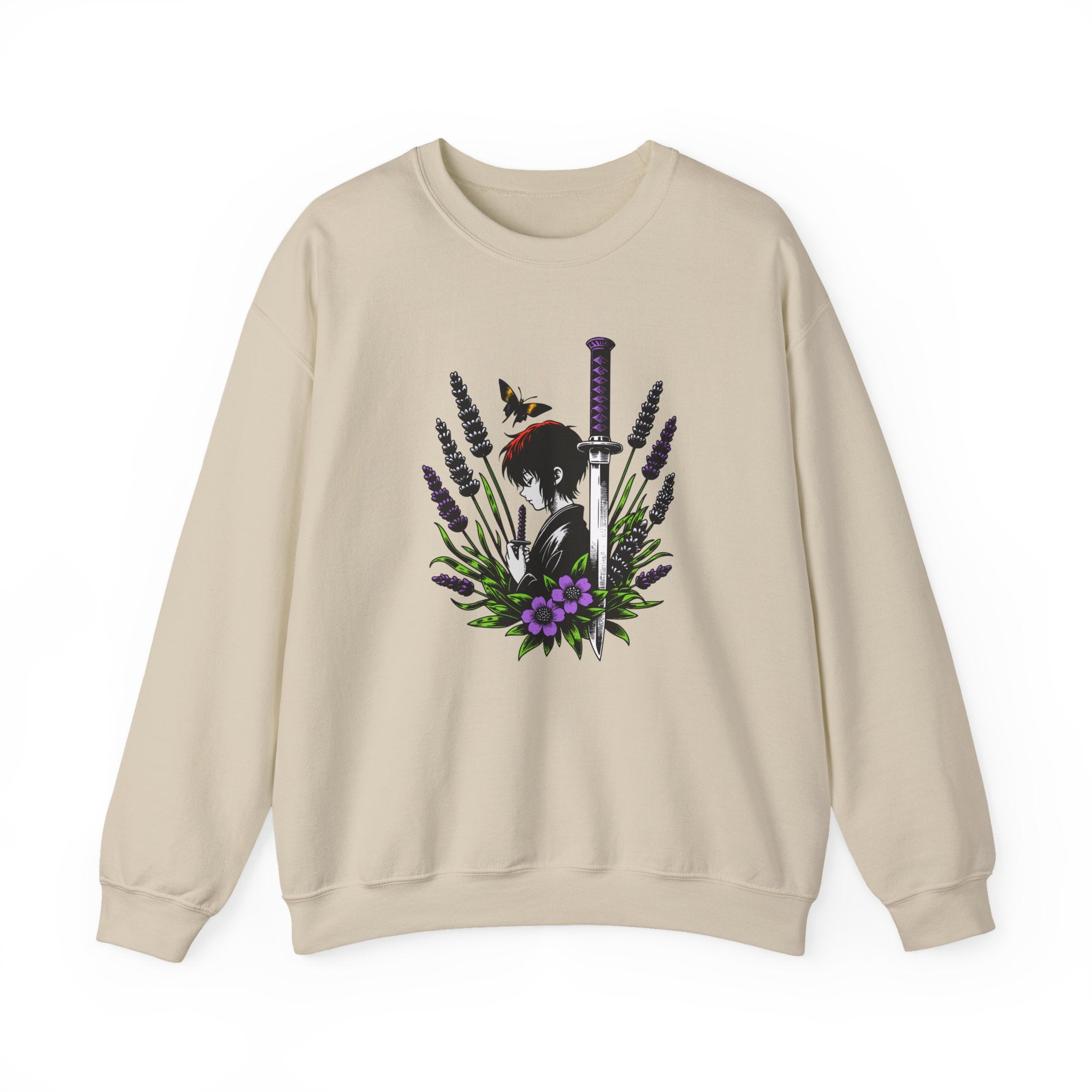 Beige sweatshirt with a manga, butterfly, and sword design on a white background