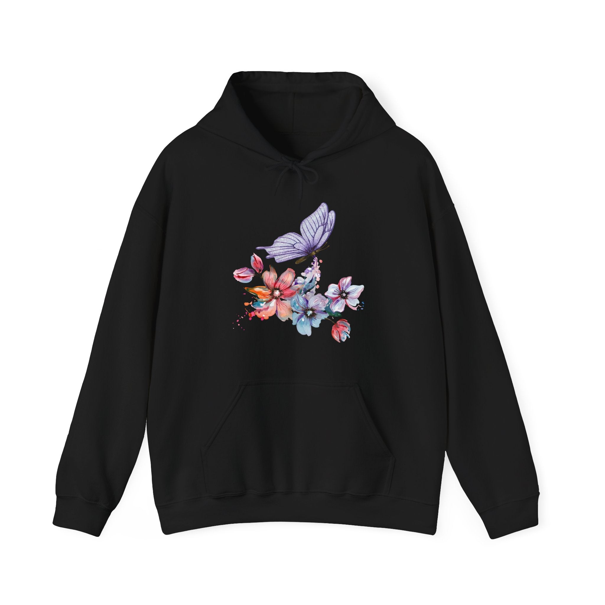 Black hoodie with colorful floral and butterfly design on a white background
