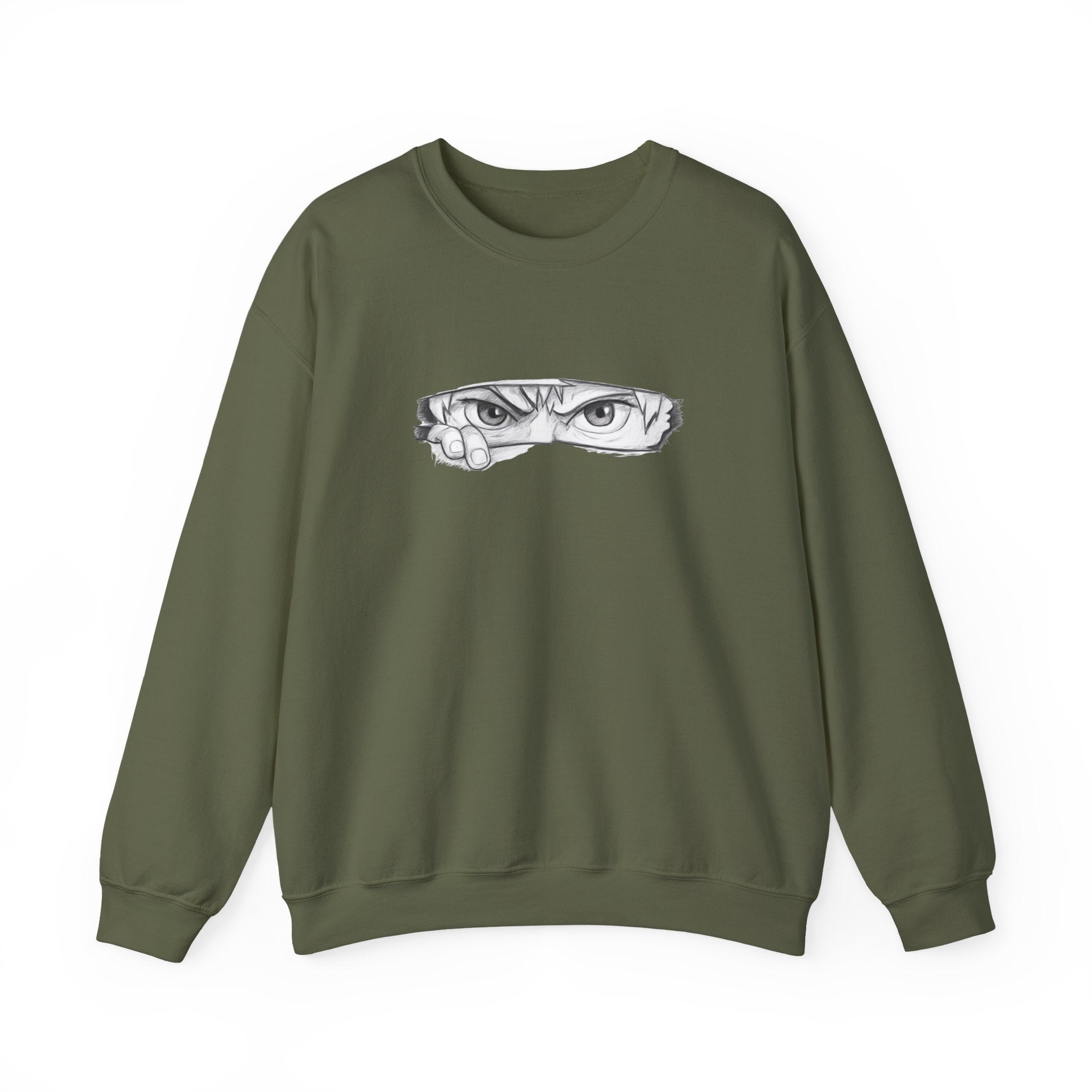 Green sweatshirt with a anime eyes design on a white background