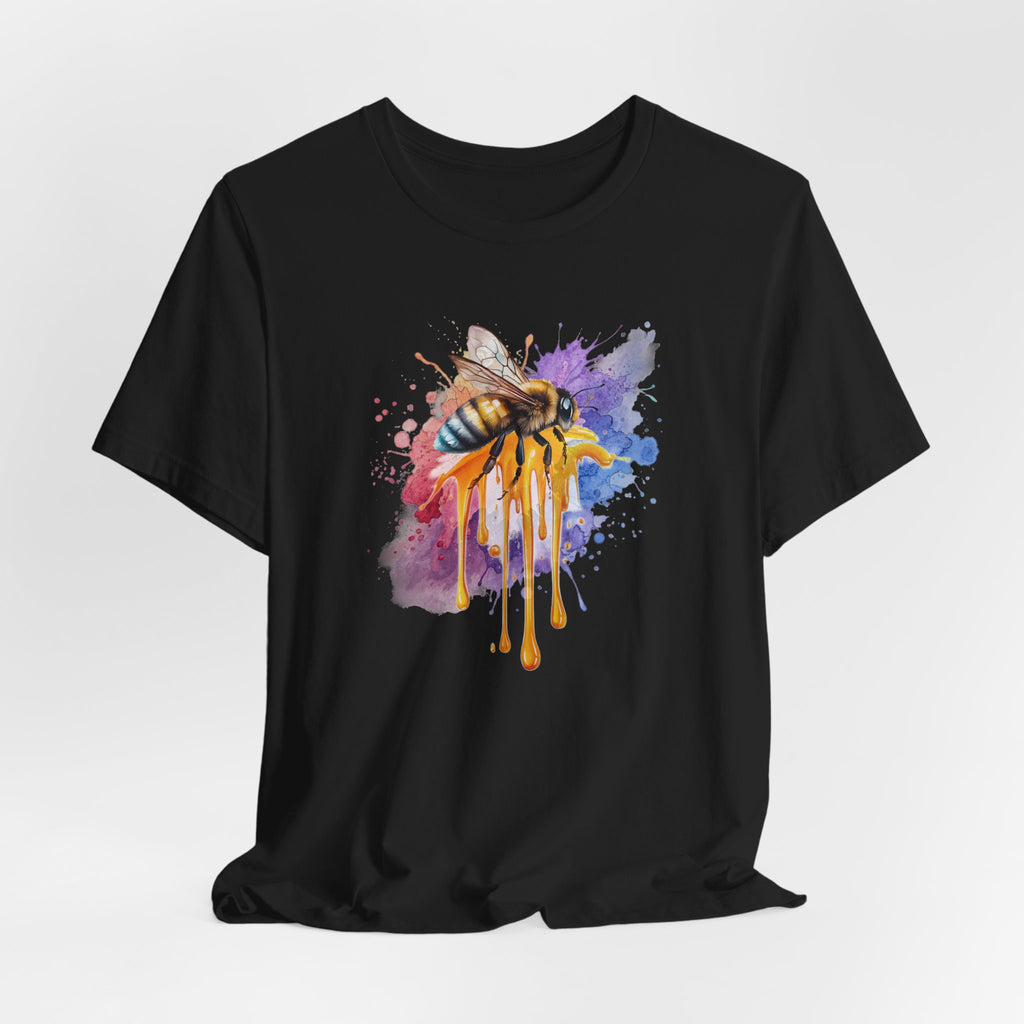 Black t-shirt with a colorful bee design on a white background