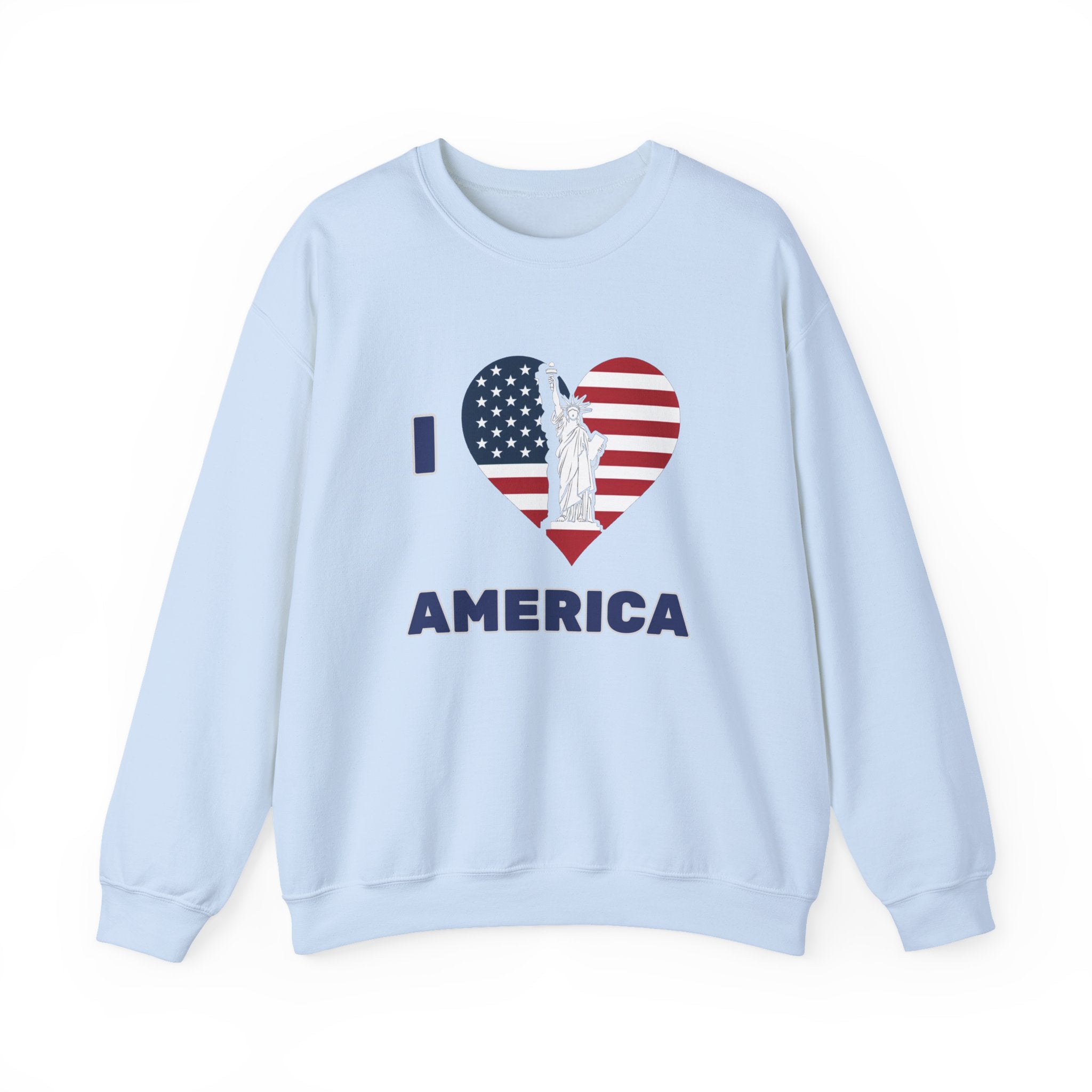 Light blue sweatshirt with 'I ❤️ AMERICA' design featuring an American flag heart and Statue of Liberty on a white background.