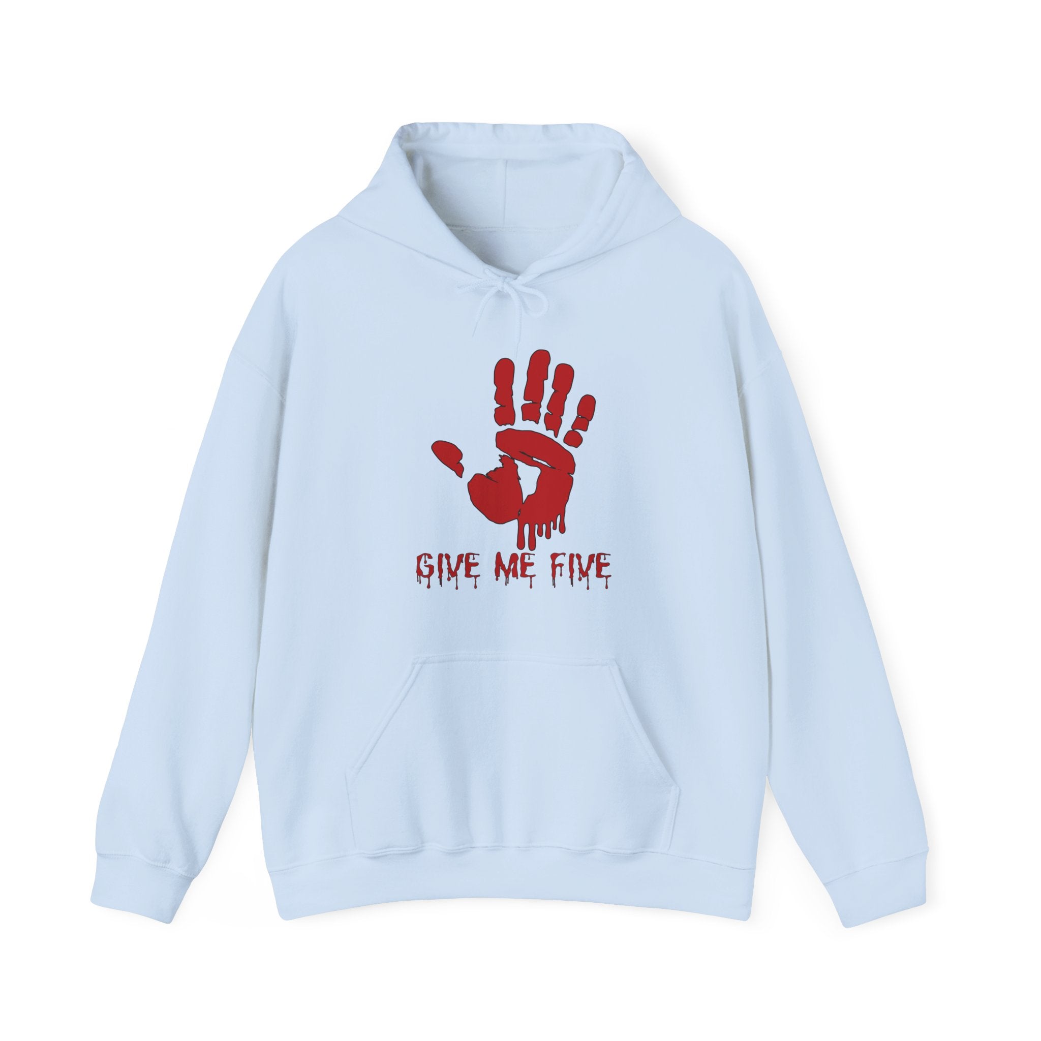Light blue hoodie with red handprint and 'Give Me Five' text on a white background