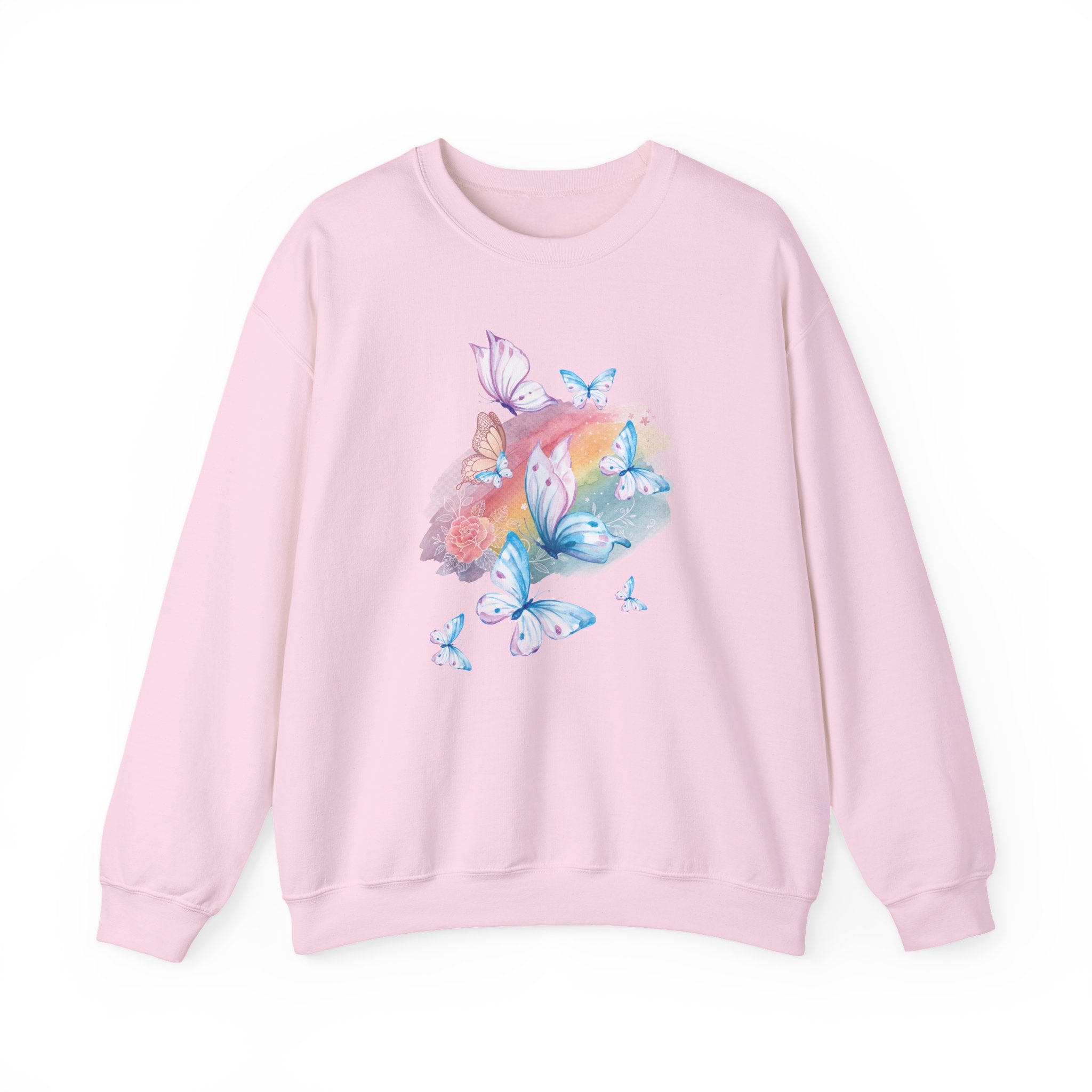 Pink sweatshirt with butterfly design on a white background