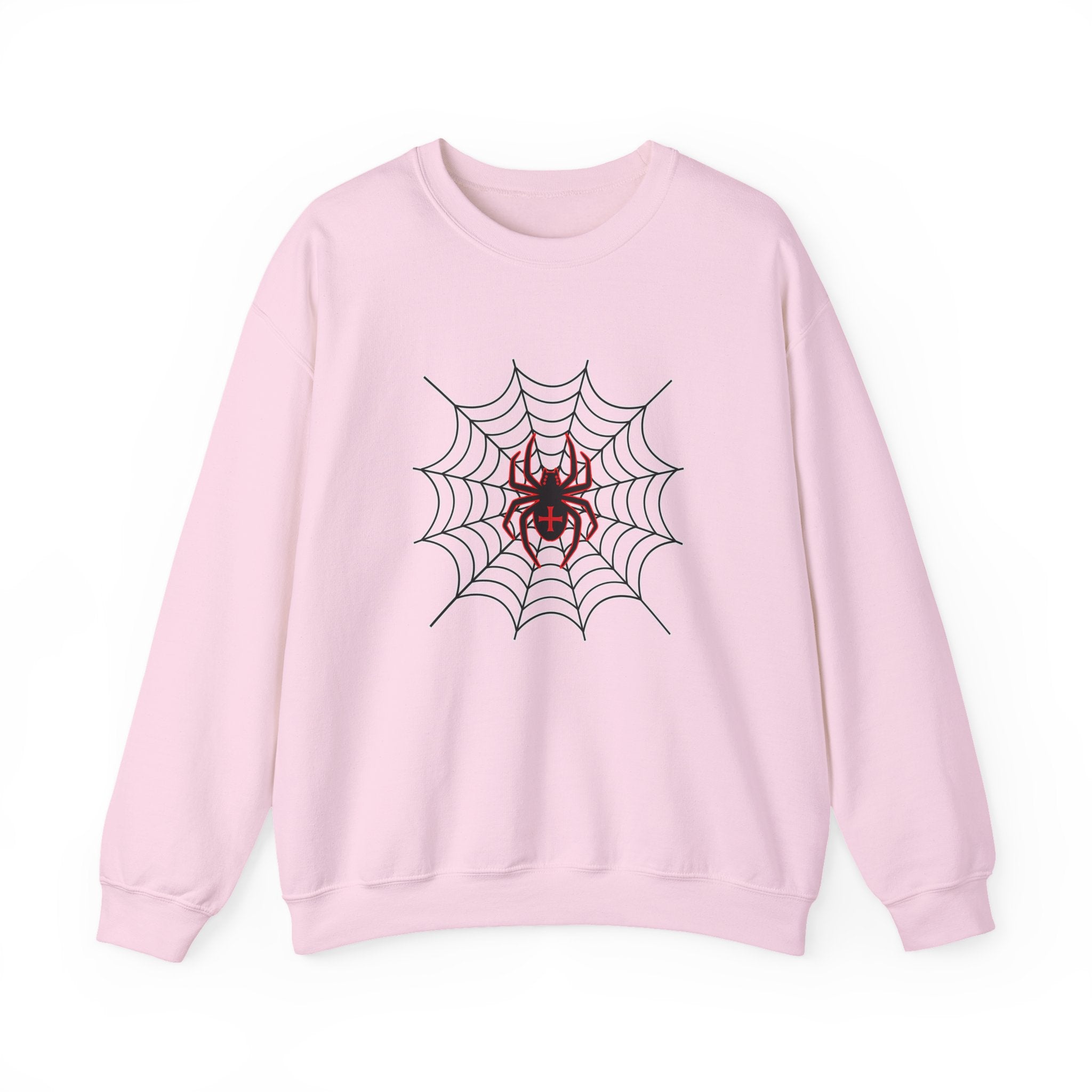 Pink sweatshirt with a spider and web design on a white background