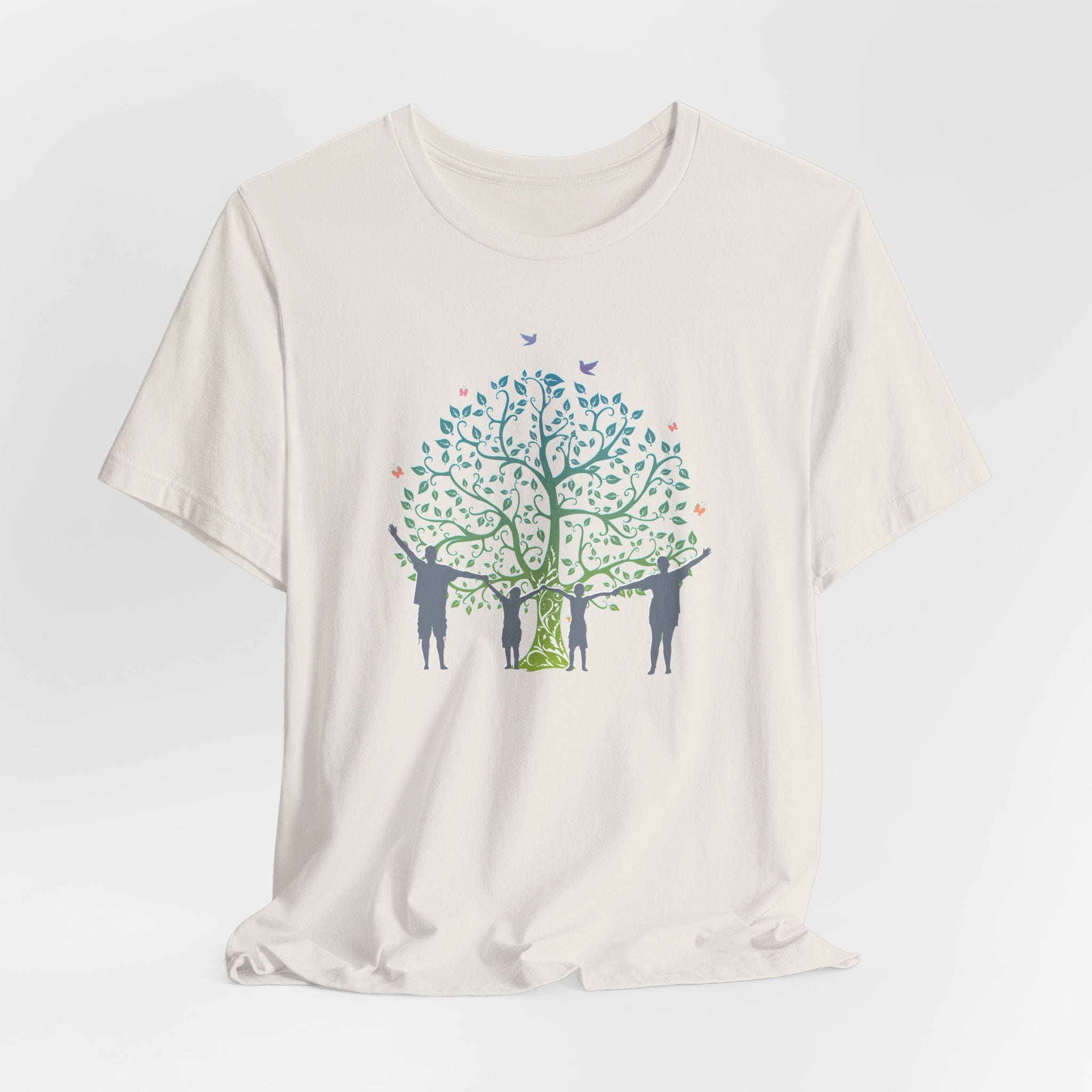 White t-shirt with a graphic of people under a tree on a white background