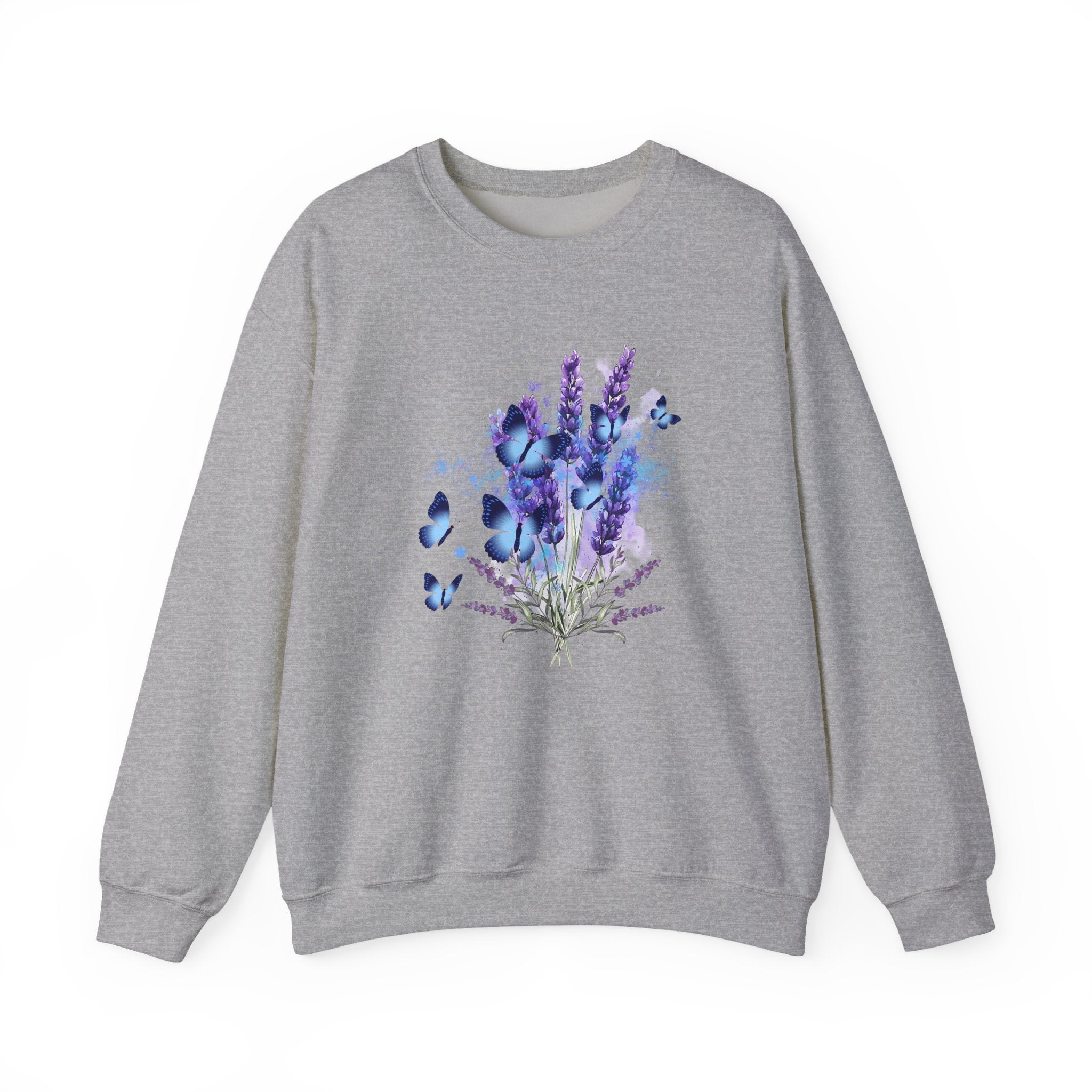 Gray sweatshirt with a design of lavender flowers and butterflies on a white background