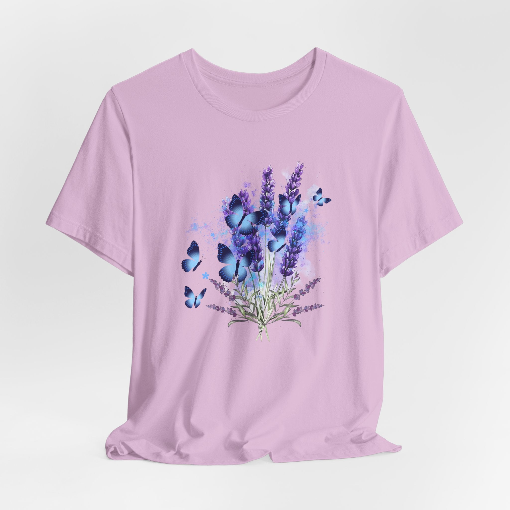 Lavender t-shirt with butterfly and floral design on a light purple background