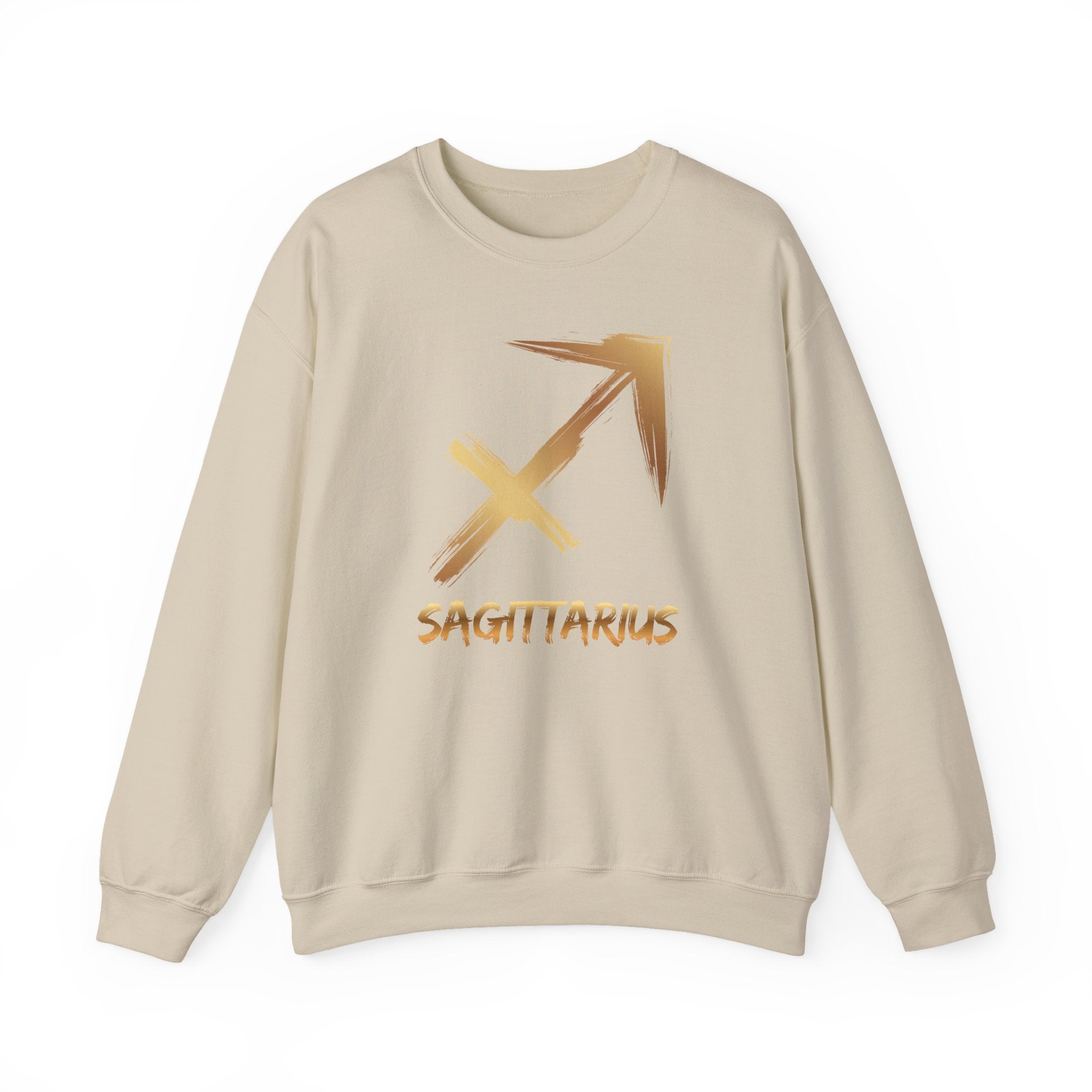 Beige sweatshirt with gold Sagittarius symbol and text on a white background