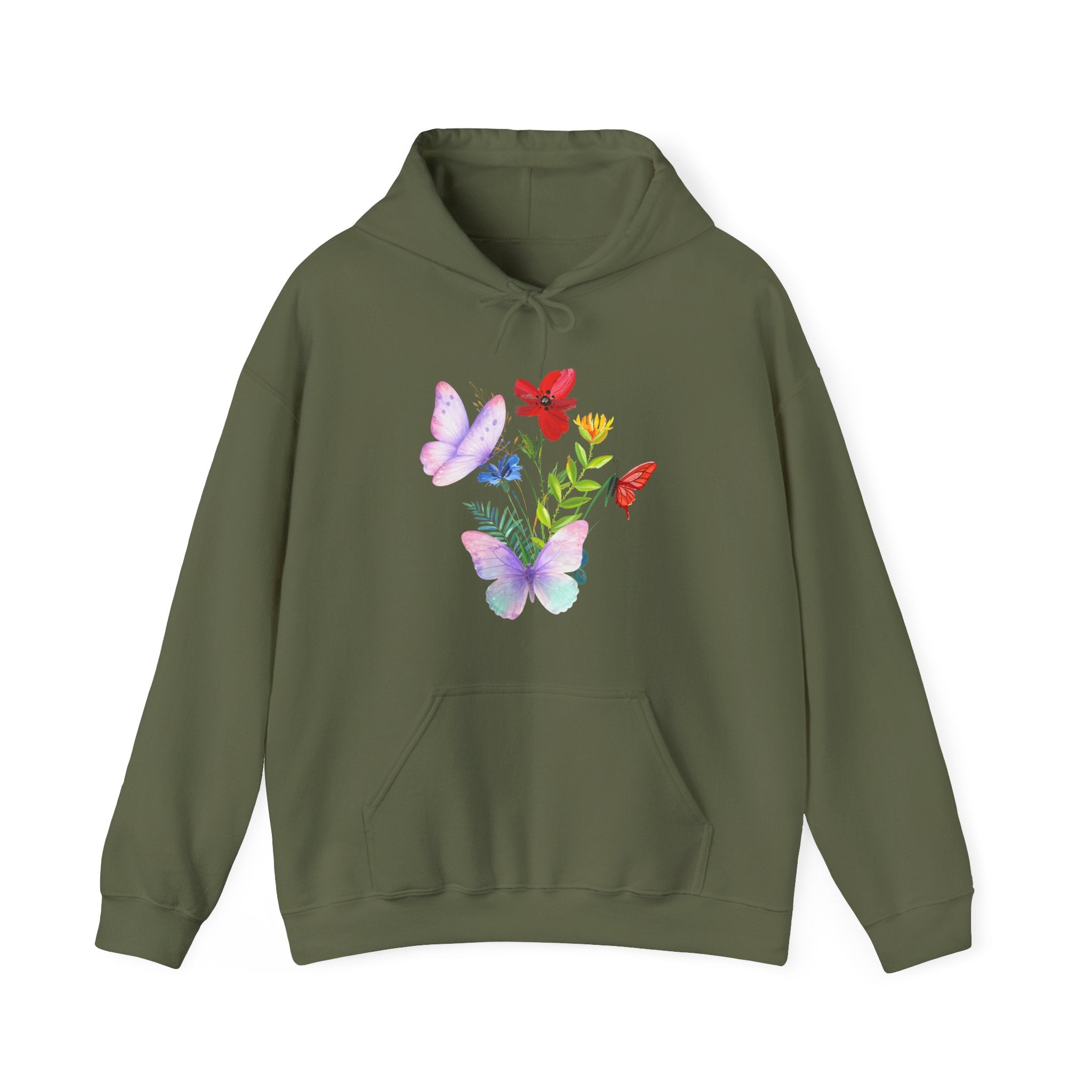 Military green hoodie with colorful butterfly and flower design on a white background