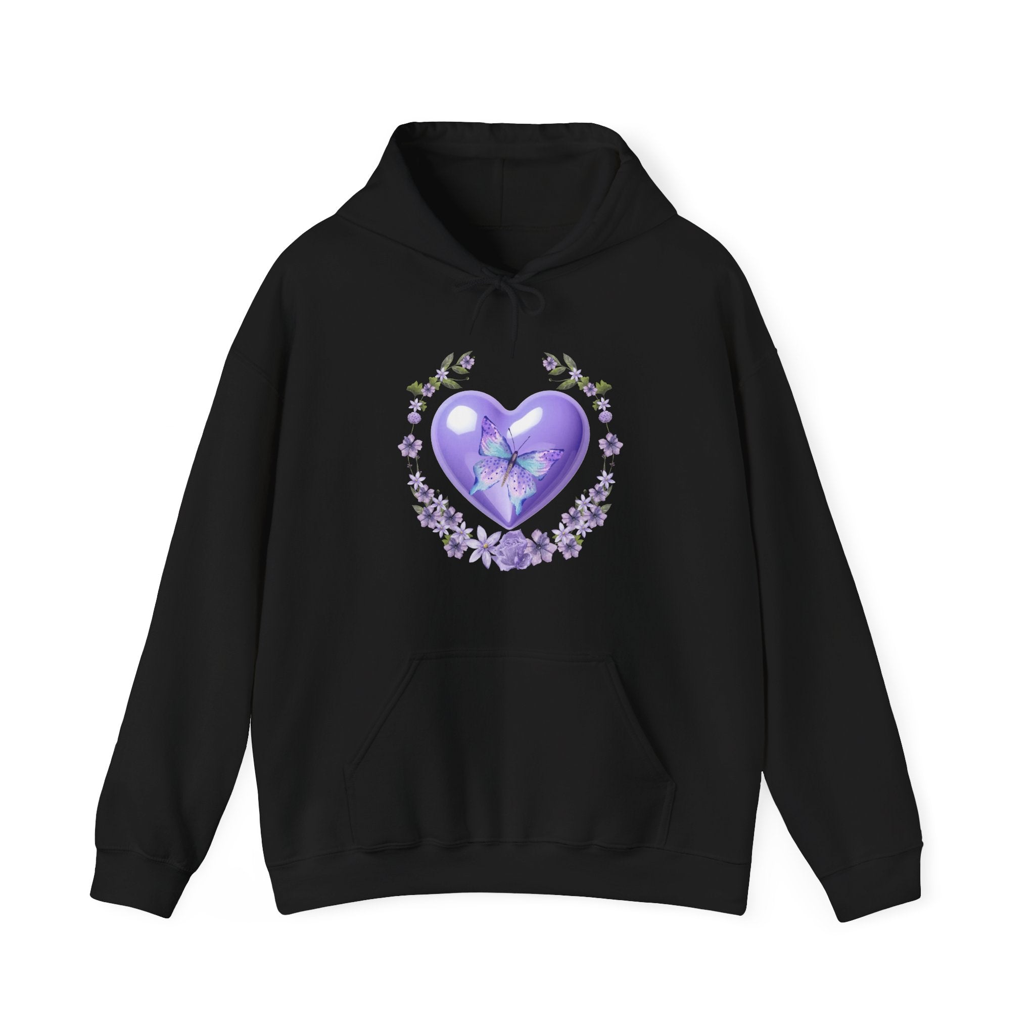 Black hoodie with a purple heart and butterfly design on a white background