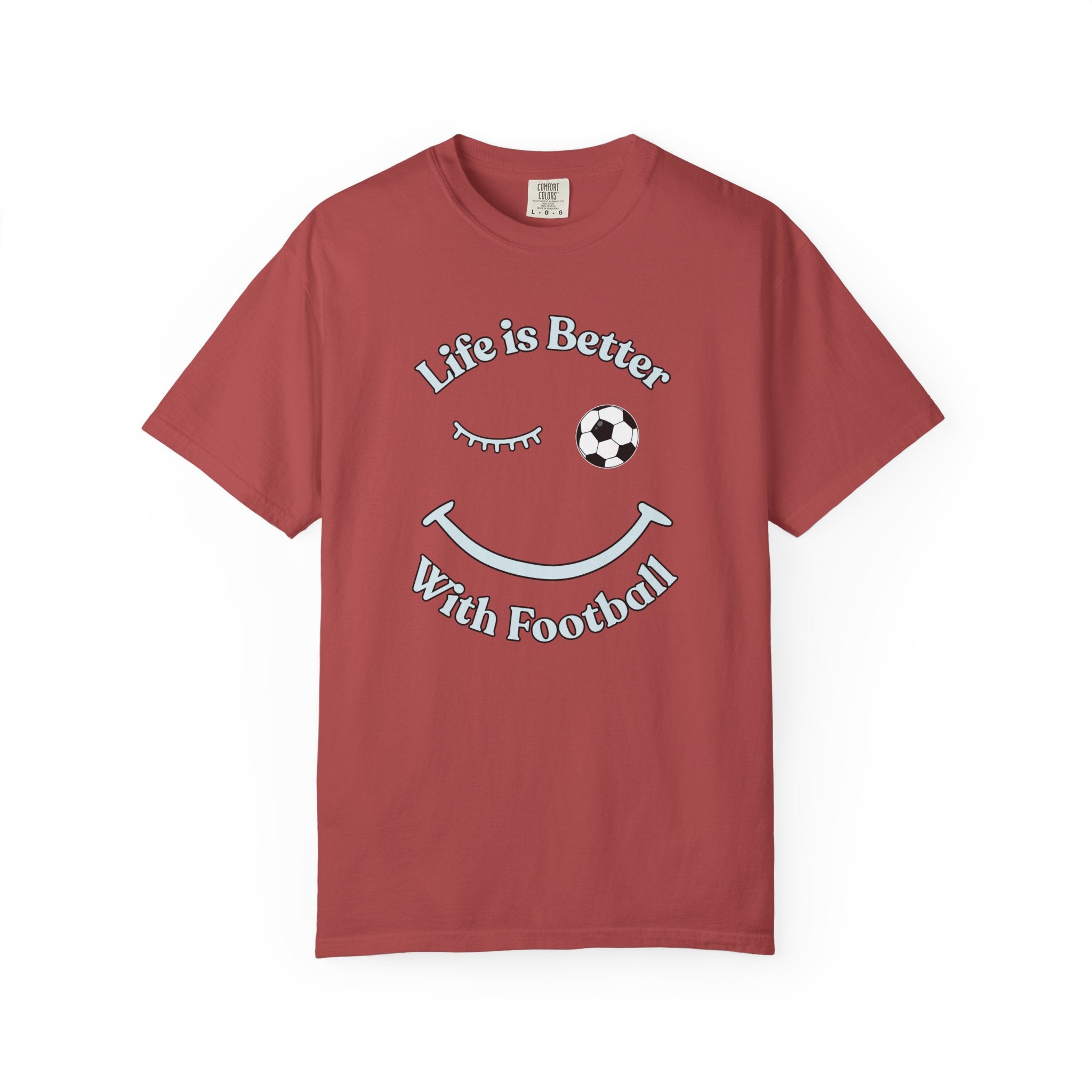 Maroon t-shirt with 'Life is Better With Football' text and smiley face design on a white background