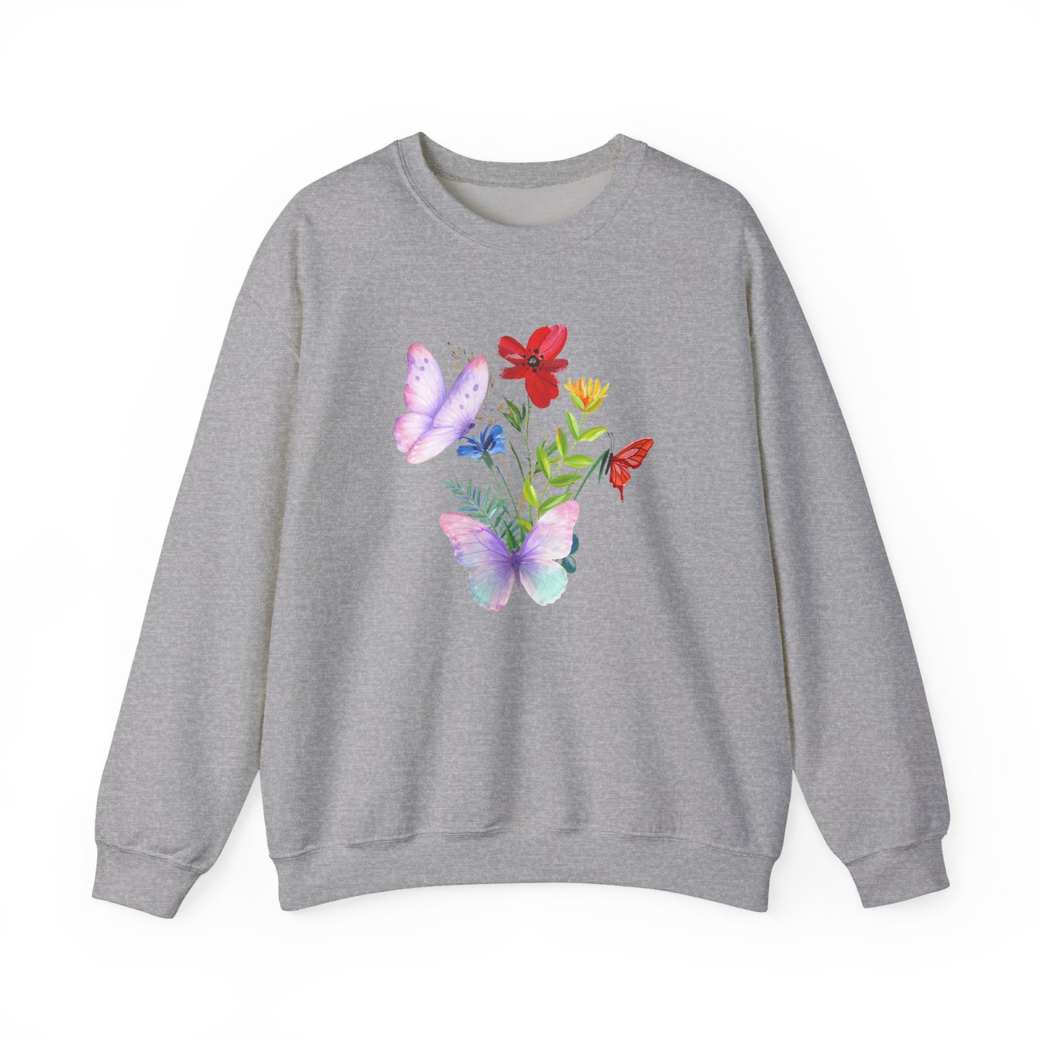 Gray sweatshirt with colorful butterfly and flower design on a white background