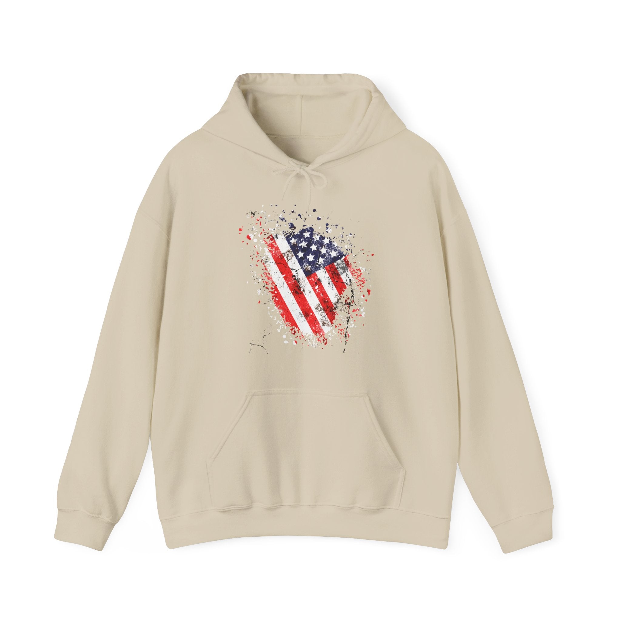 Beige hoodie with American flag design on a white background