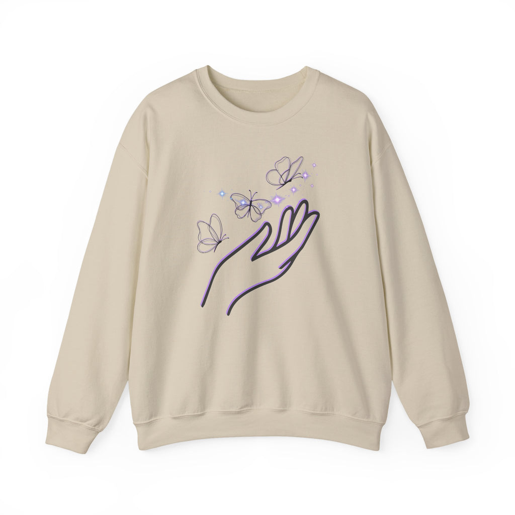 Beige sweatshirt with a hand and butterfly design on a white background
