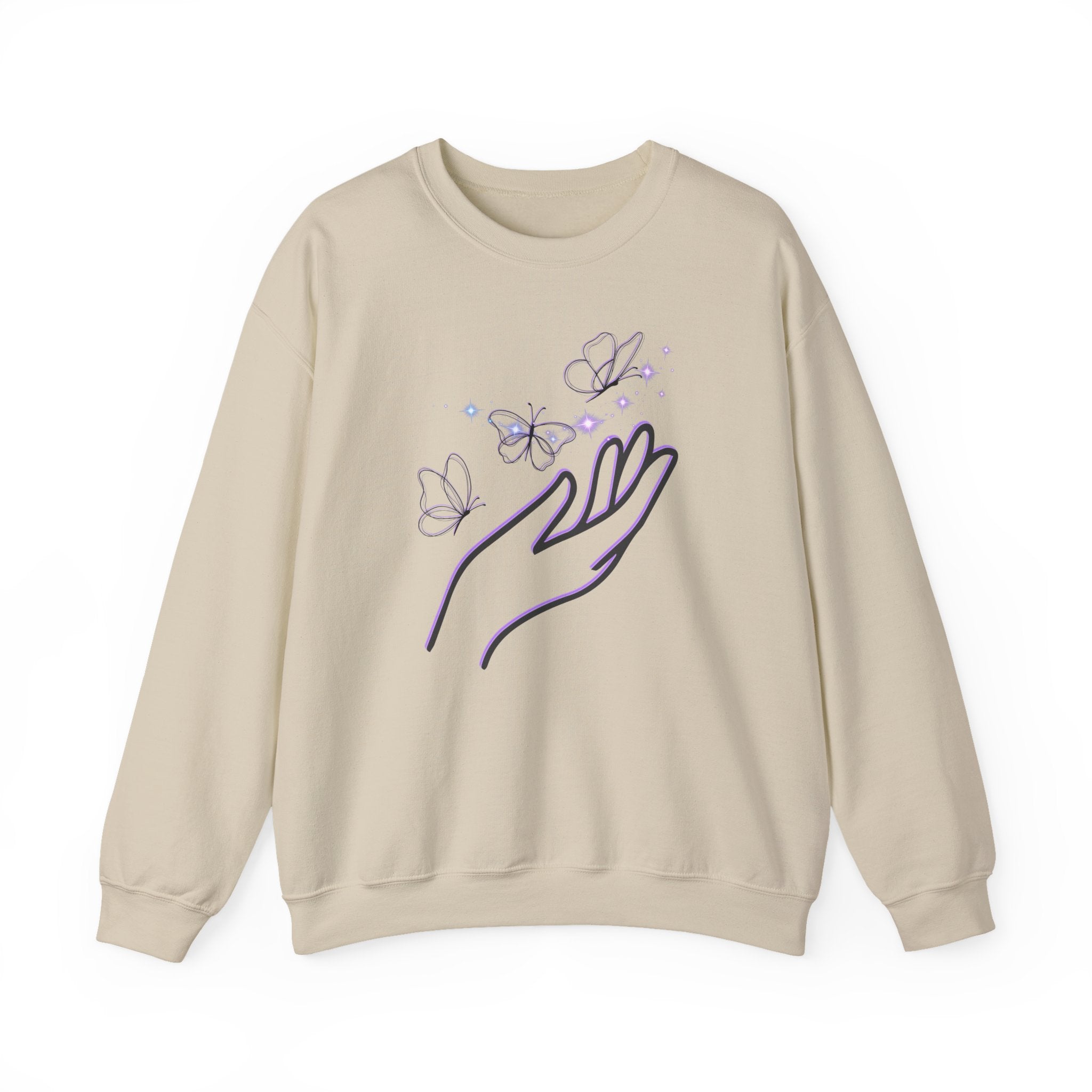 Beige sweatshirt with a hand and butterfly design on a white background