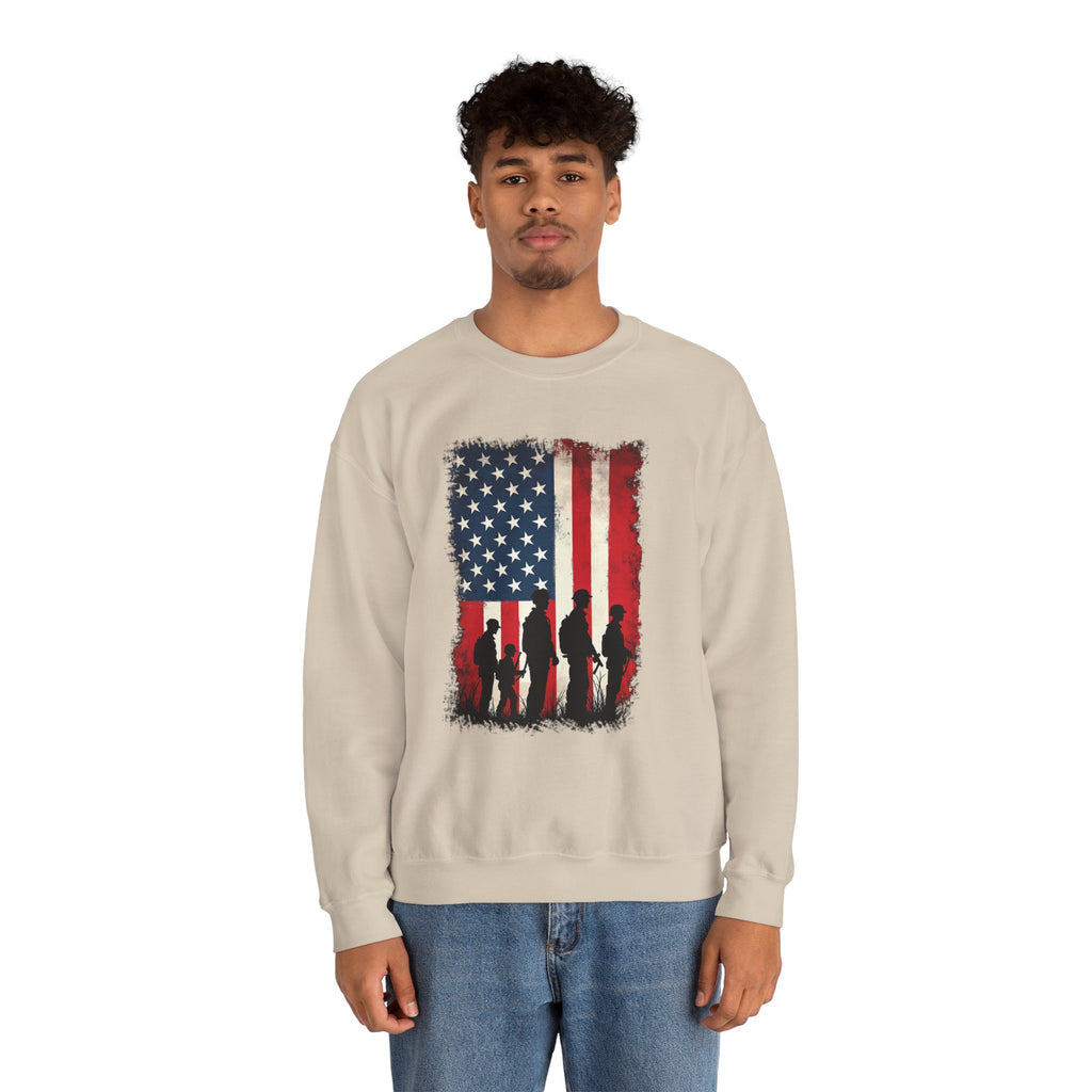 Person wearing a beige sweatshirt with an American flag design on a white background