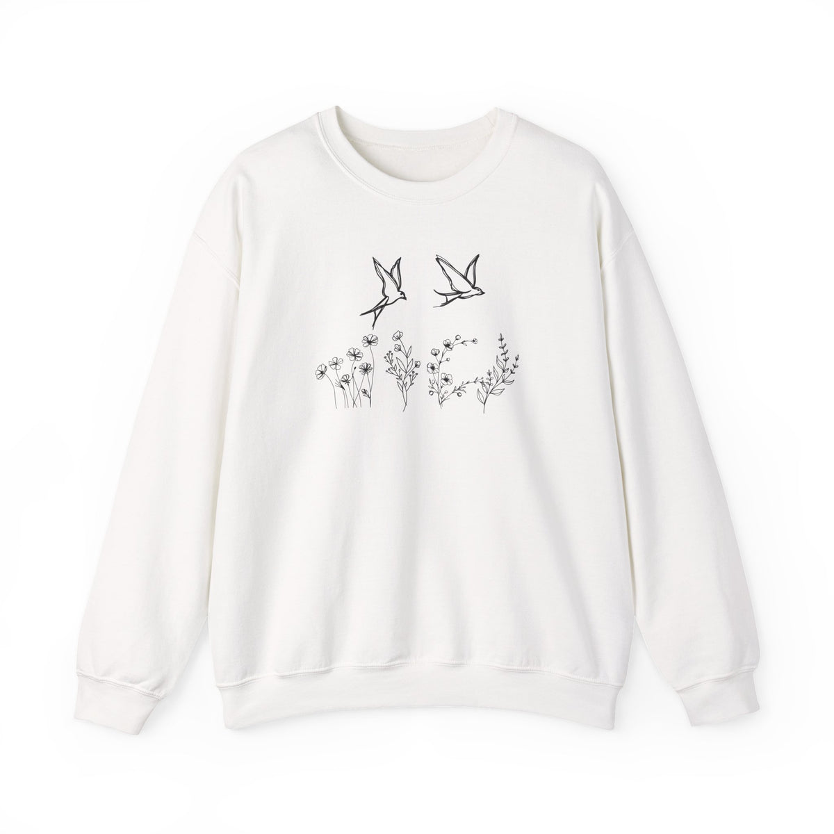 White sweatshirt with black bird and floral design on a white background