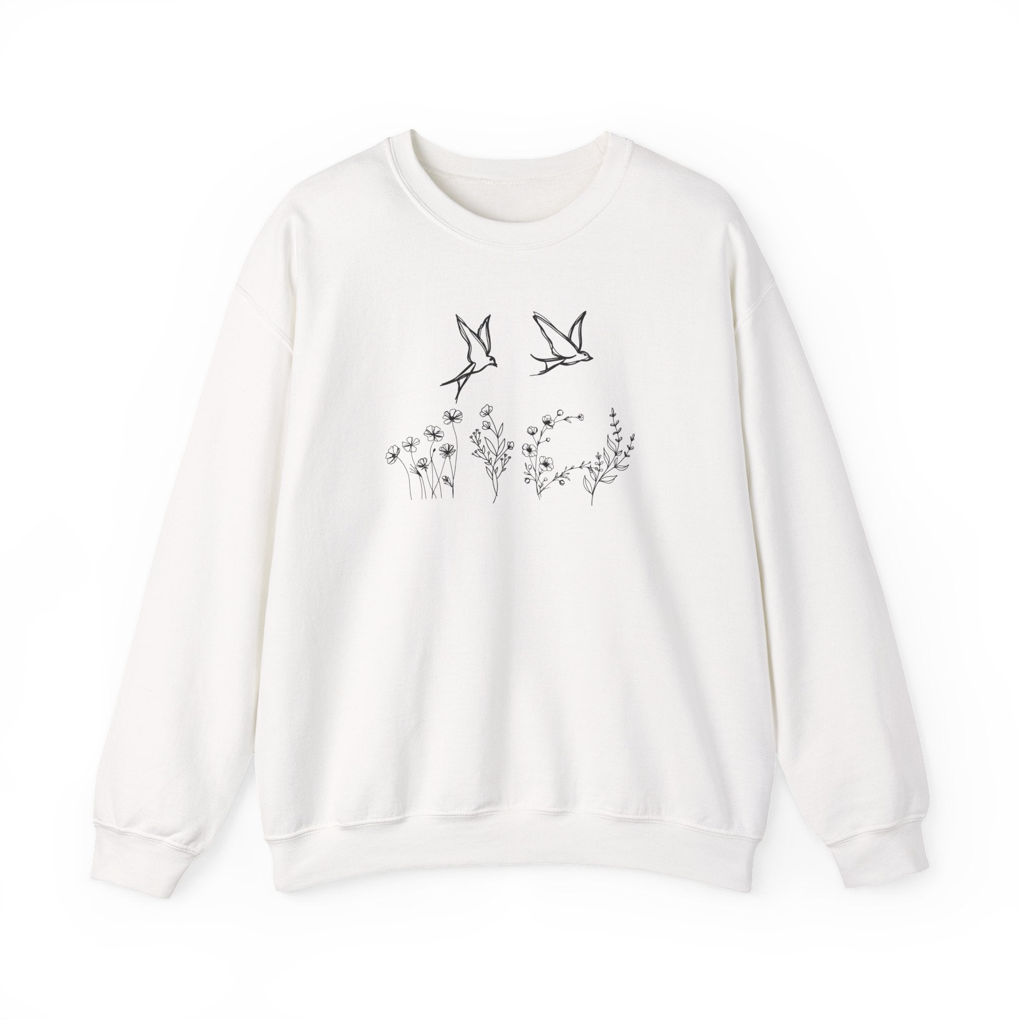 White sweatshirt with black bird and floral design on a white background